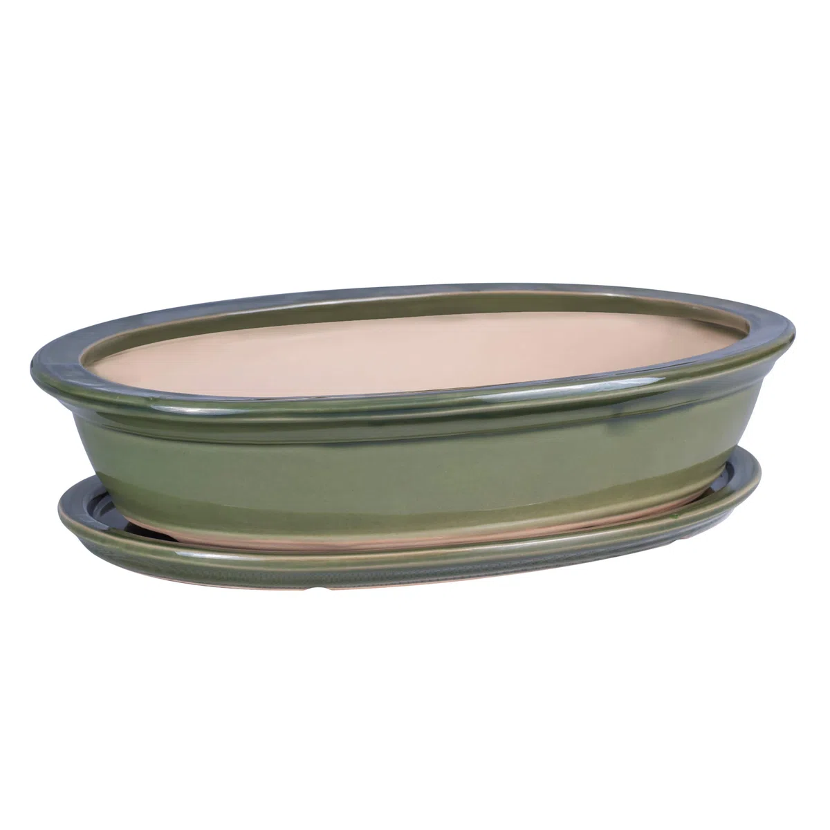 Vaso per bonsai/fiori, da giardino, in ceramica/terracotta, con sottovaso, verde, 6 misure (40)