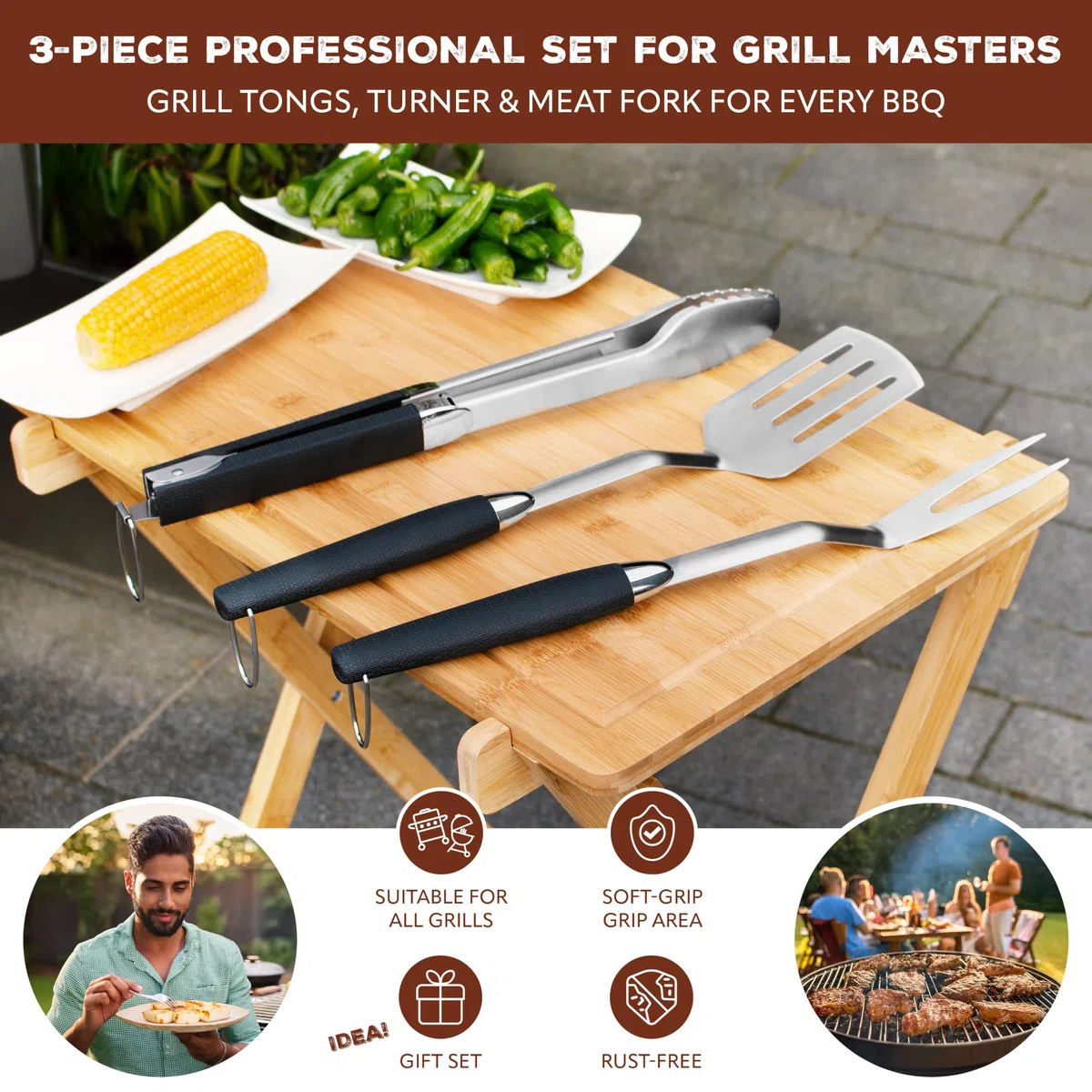 bremermann Set di posate per barbecue, 3 pezzi, pinza, paletta, forchetta per carne, accessori per barbecue in acciaio inox con impugnatura morbida