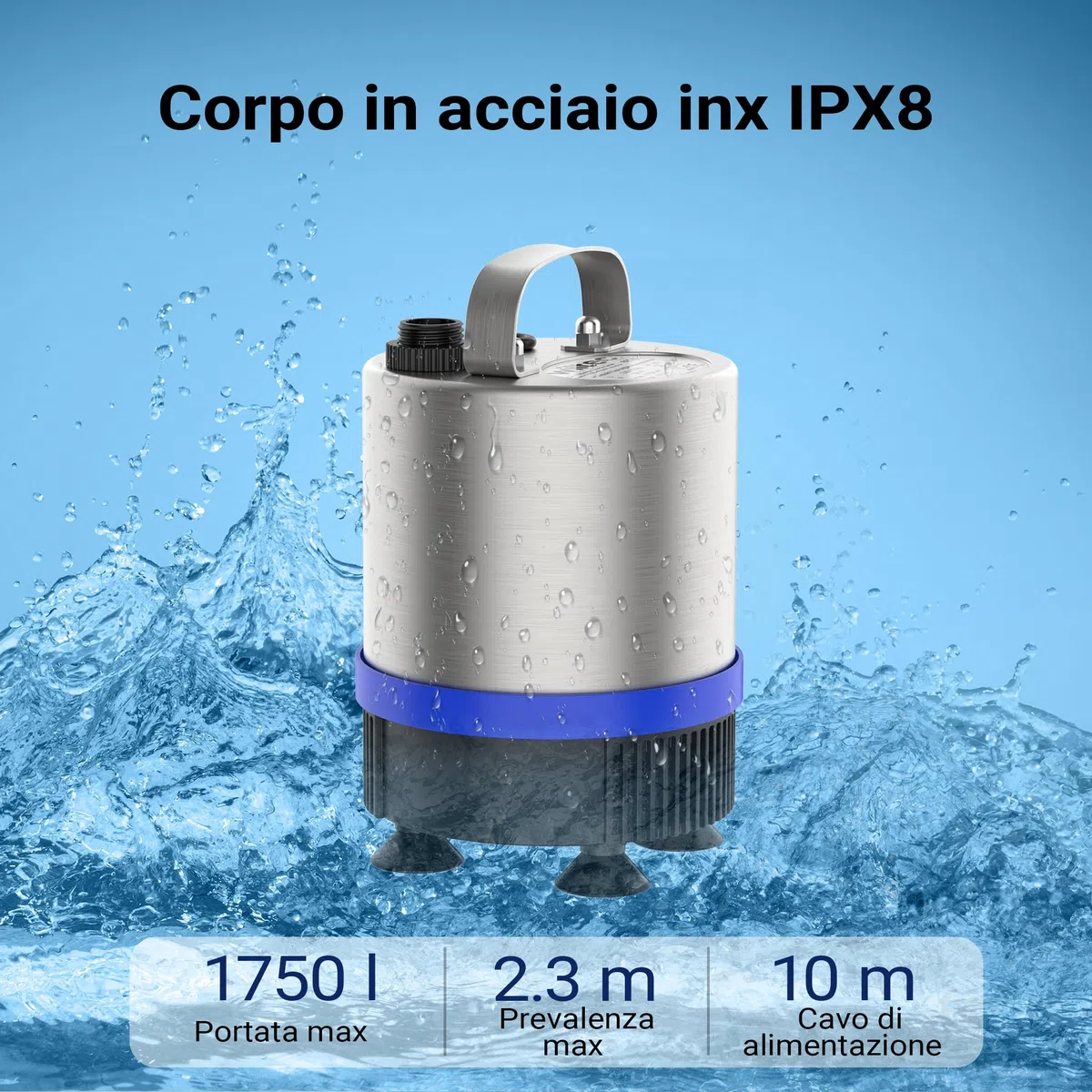 Wiltec Pompa per fontane in acciaio inox da 50 Watt 1.750 l/h Con 3 accessori per giochi d'acqua