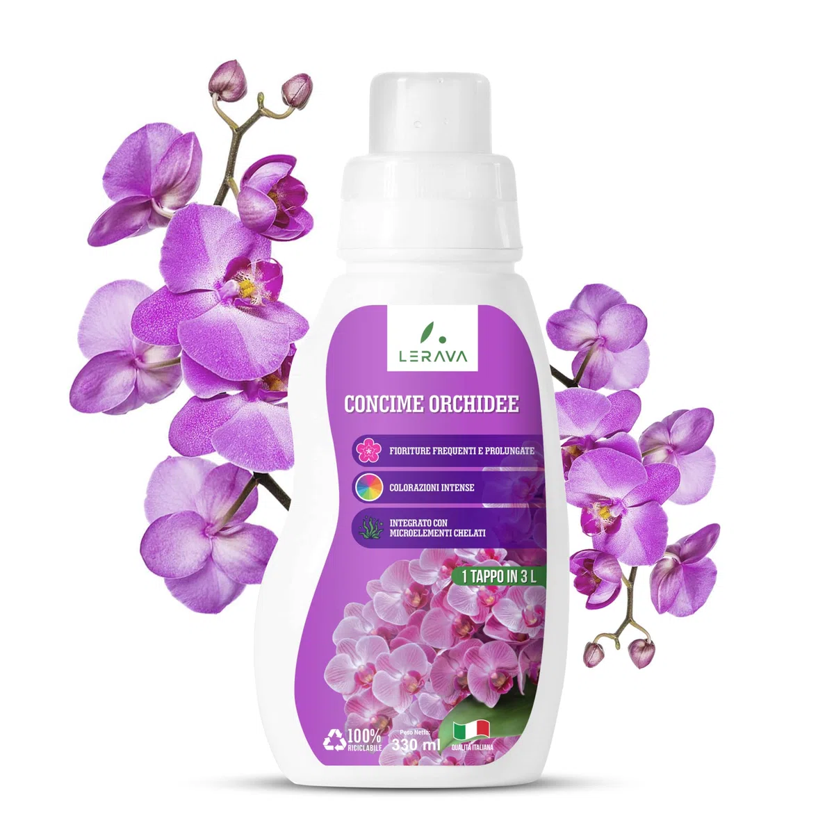LERAVA concime orchidee liquido – 330ml con tapo dosatore - concime per orchidee per una fioritura ricca - nutrimento bilanciata con microelementi chelati – fertillizzante orchidee “Made in Italy”