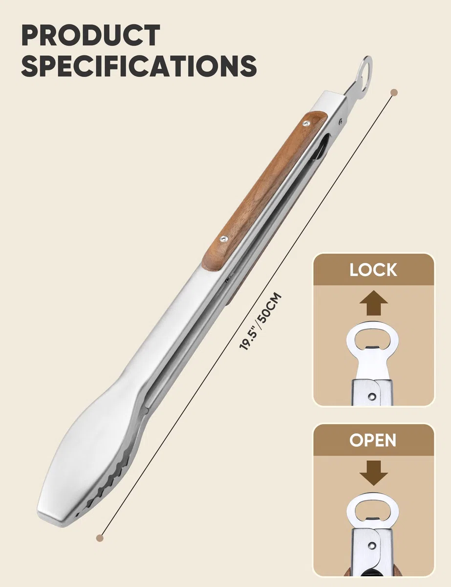 Pinze per griglia, 50 cm, ultra lunghe, in acciaio inox, con manici in legno massello, per grigliare, barbecue, barbecue, cottura