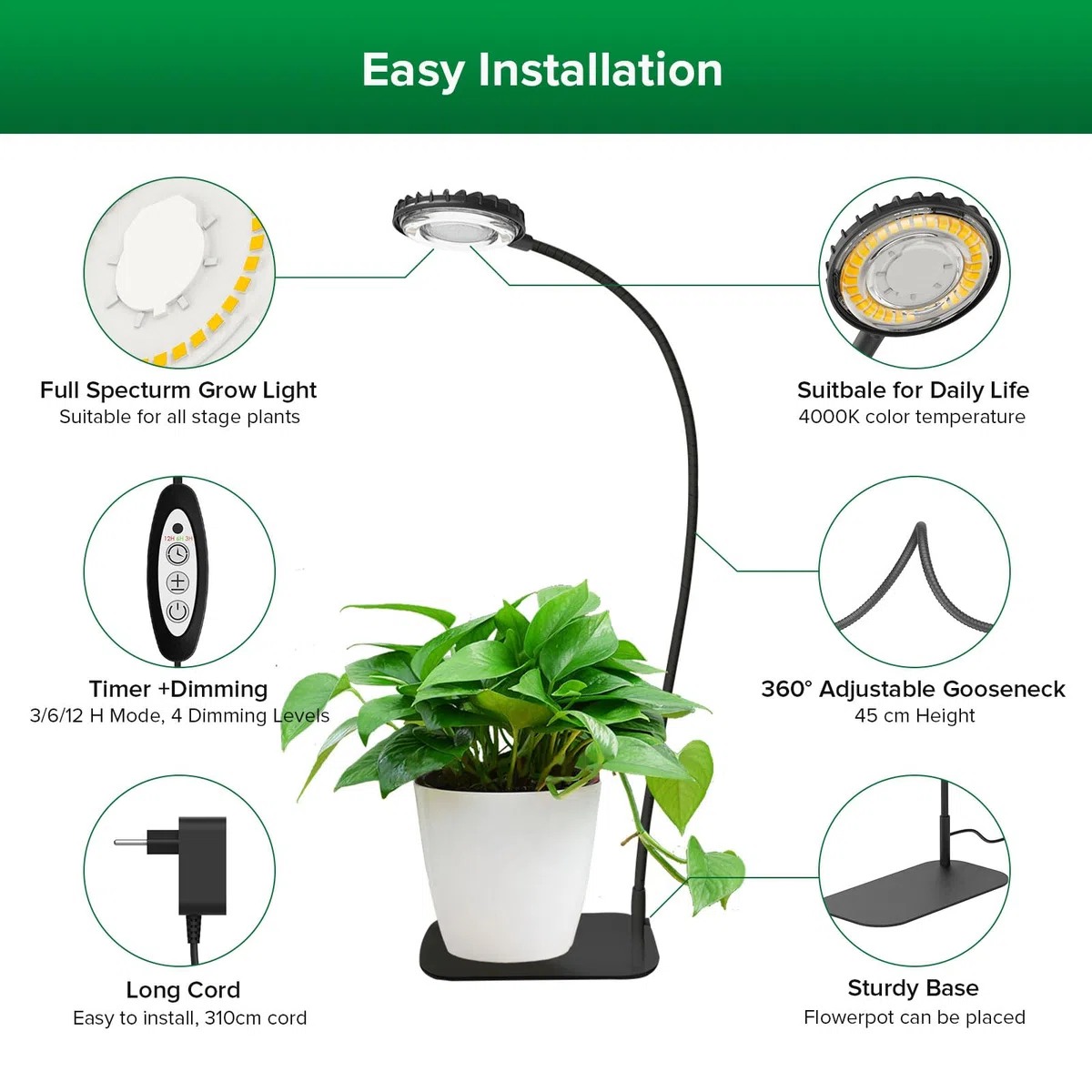SANSI Lampada LED per Piante da Interno, 12W Lampada da Coltivazione a Spettro Completo Dimmerabile con Timer da 3/6/12H, 4 Livelli di Luminosità, Ideale per Vasi da Tavolo, Giardinaggio Indoor