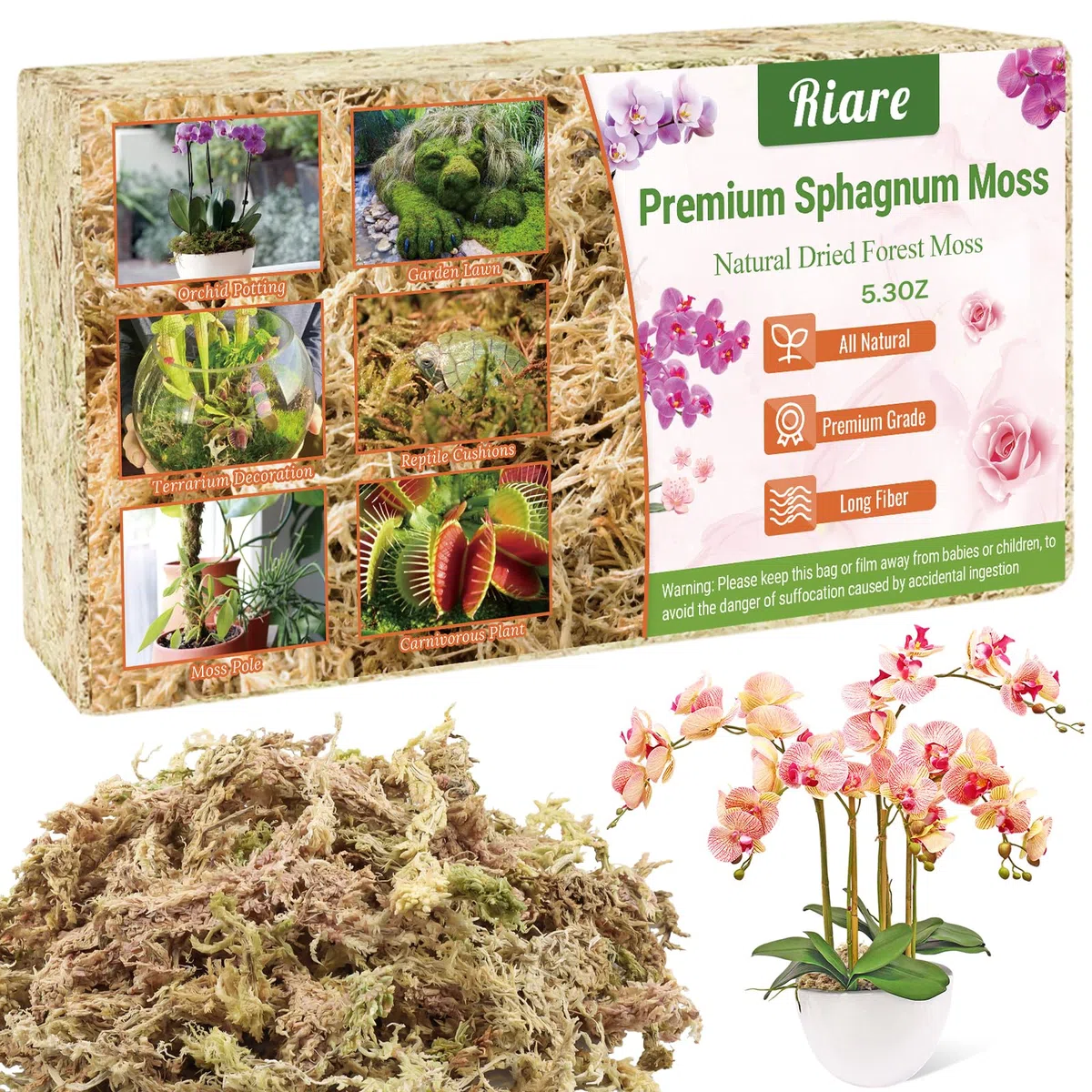 Riare Muschio di Sfagno, Torba a Fibra Lunga Naturale per Orchidee, Piante Carnivore, Vasi e Substrato - Ideale per Piante da Interno ed Esterno (Ri-Moss-150g)