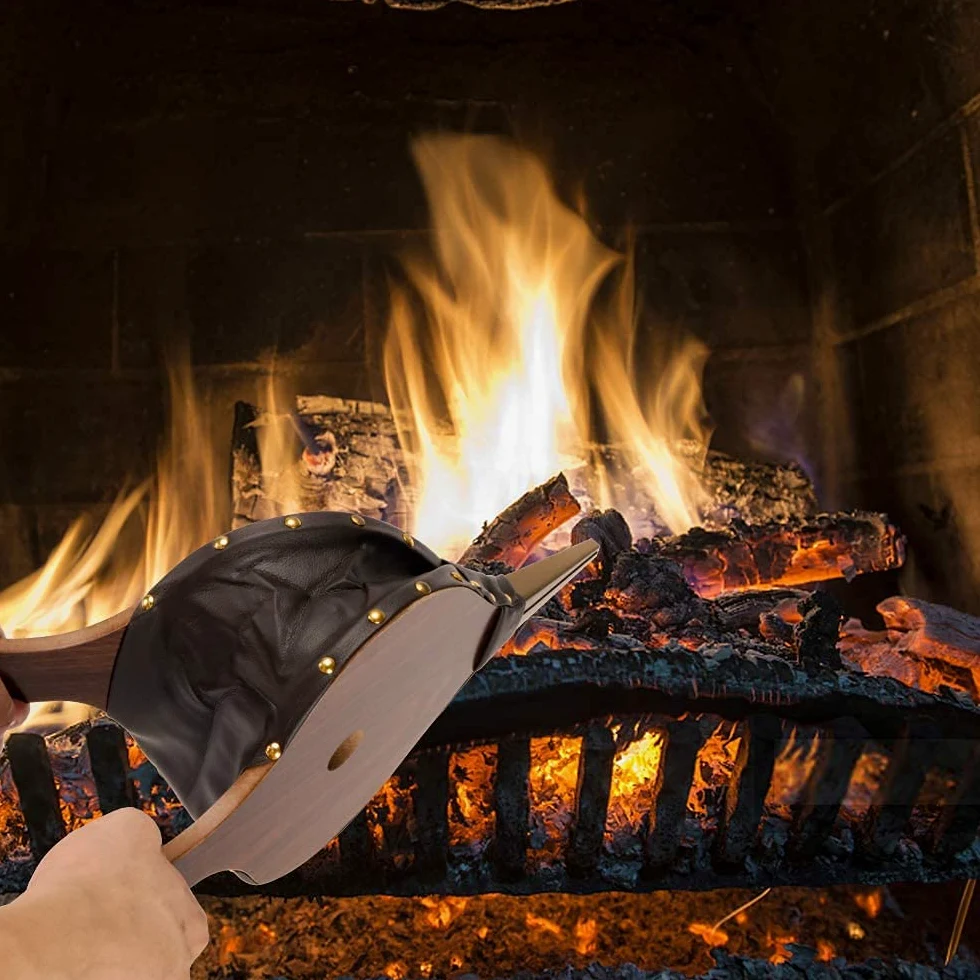 Soffiatore d'aria in legno con ugello in ghisa, camino manuale con cordino per barbecue (marrone)