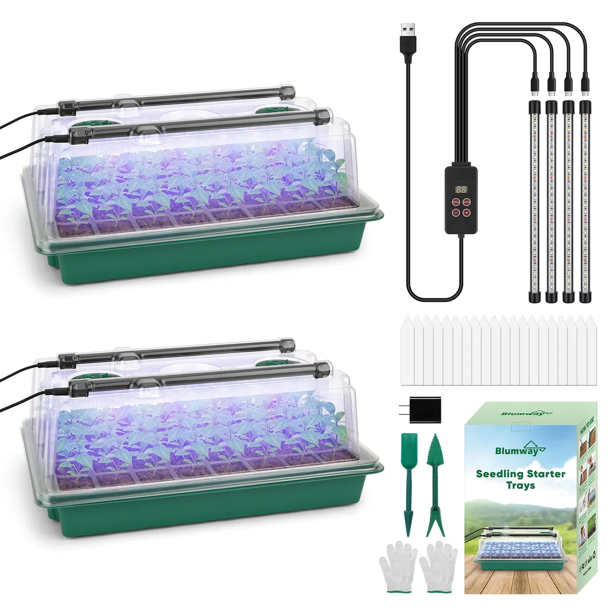 BlumWay Vassoio per sementi con luce crescente, vassoio per piantine da 80 celle con kit di coltivazione a cupola/per interni, set di base per piante con luce temporizzata da 1 a 24 ore, bianco, blu e