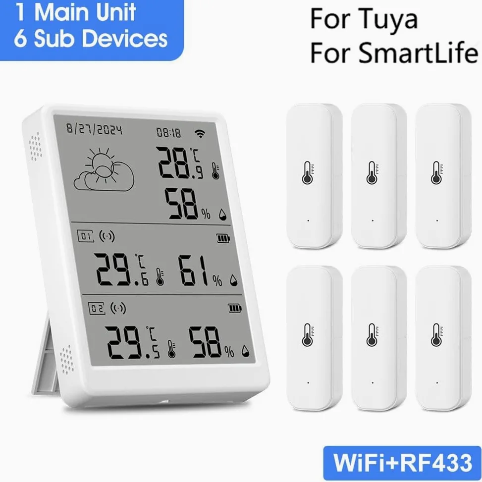 Sensore igrometro Wlan per Tuya per SmartLife, sensore di umidità della temperatura, termometro Wlan con app per casa serra (1 stazione base + 6 sensori)