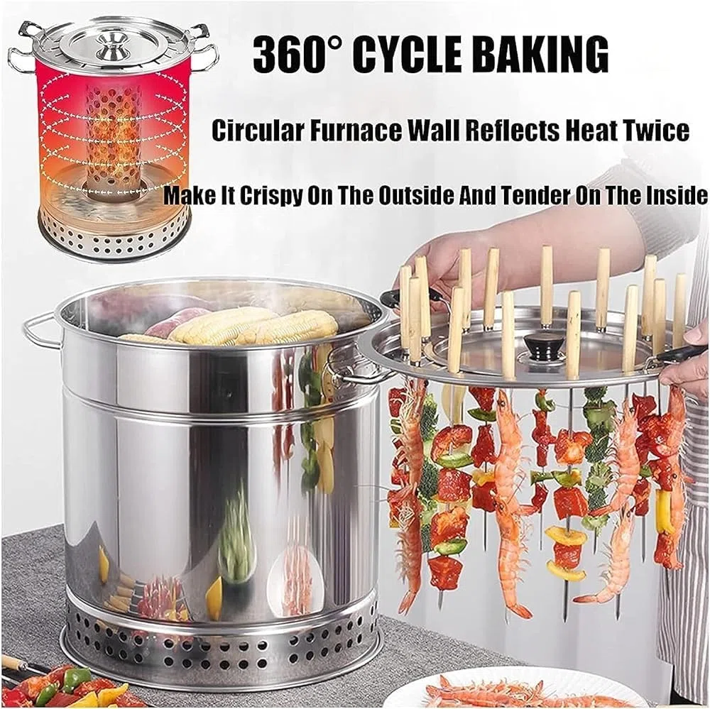 Barbecue a carbonella, barile in acciaio inox con spiedini, griglia da campeggio, griglia per verdure e carne