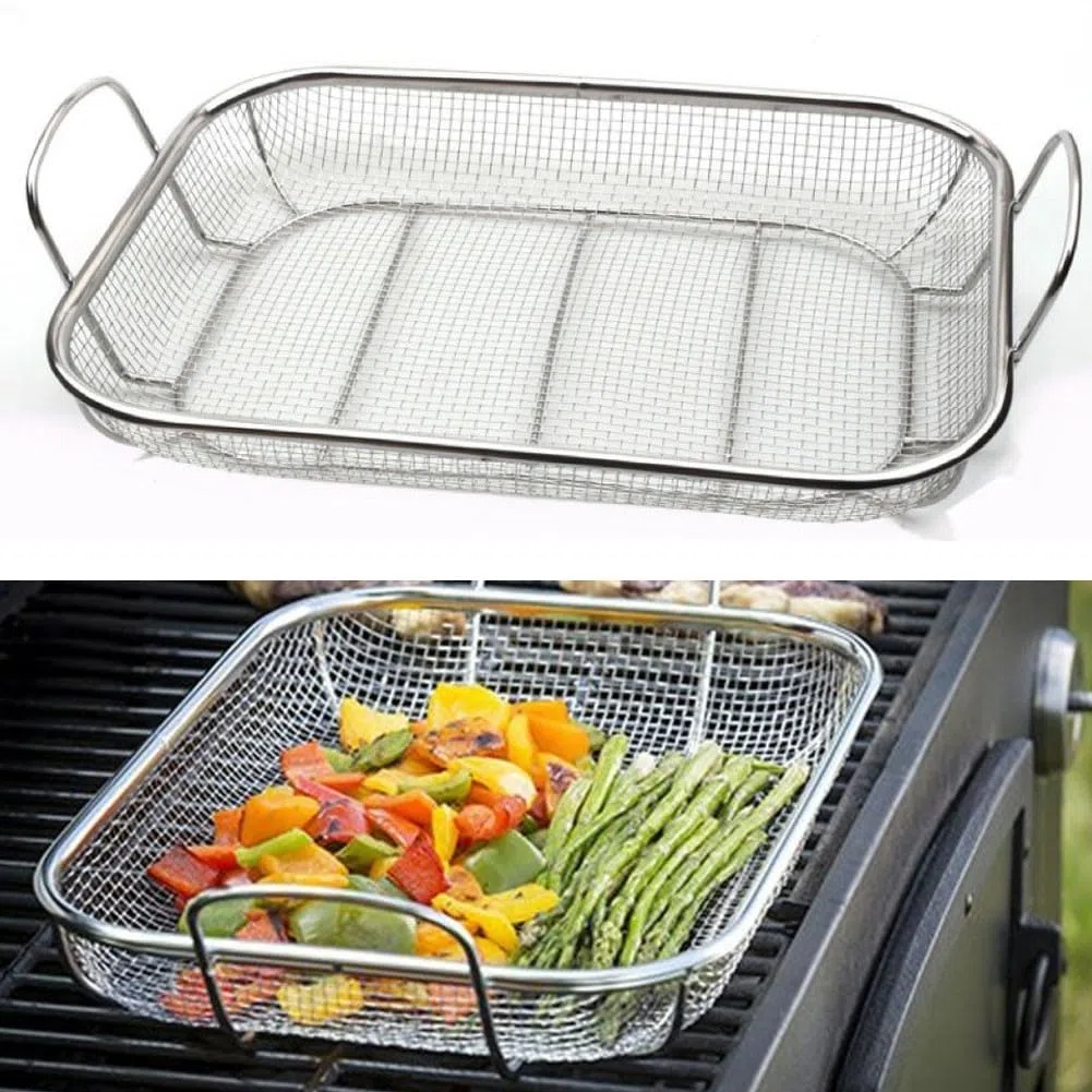 Griglia per verdure, 38 x 28 cm, antiaderente, in acciaio inox, per cucinare uniformemente, grande capacità, strumenti per barbecue per feste all'aperto