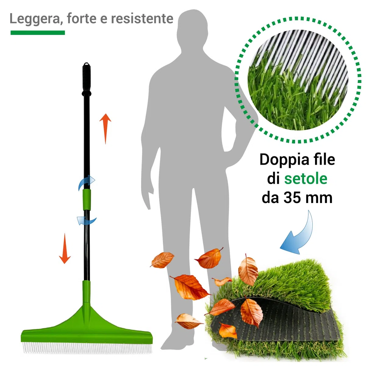 Crisalide® - Rastrello per Erba Artificiale Setole in Poliammide 35 mm, Doppia Fila, Asta Telescopica 80-130 cm, Larghezza 45 cm Manico Ergonomico in Gomma Per Pulizia e Cura di Prati Sintetici