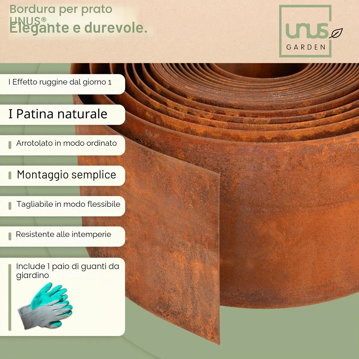 UNUS Bordo per prato, in acciaio corten, liscio, 10 m x 10 cm, flessibile, effetto ruggine, per aiuole, prati e sentieri