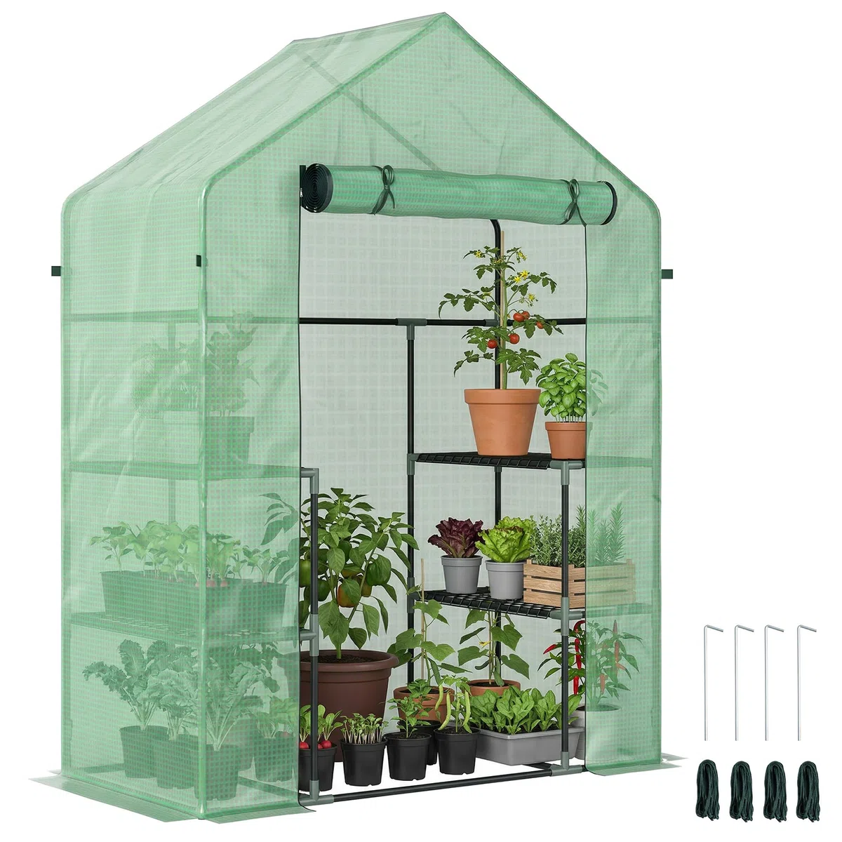Outsunny Serra da Giardino con Ripiani a 3 Livelli 142x73x195 cm Verde | Porta Avvolgibile a Zip, Serra per Orto, Struttura in Acciaio, Copertura PE, Verdure Fiori Frutta, Anti UV, Giardinaggio