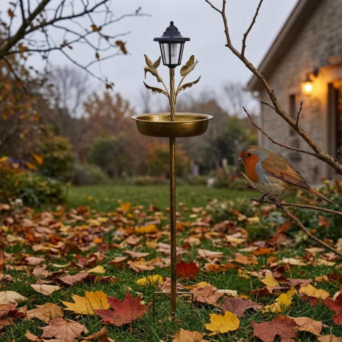 Bagno per Uccelli da Giardino Vasca Piatta Mangiatoia a Palo in Metallo con Punte per Fissaggio Stile Lanterna con Elementi Foglie E Fiori Durevole