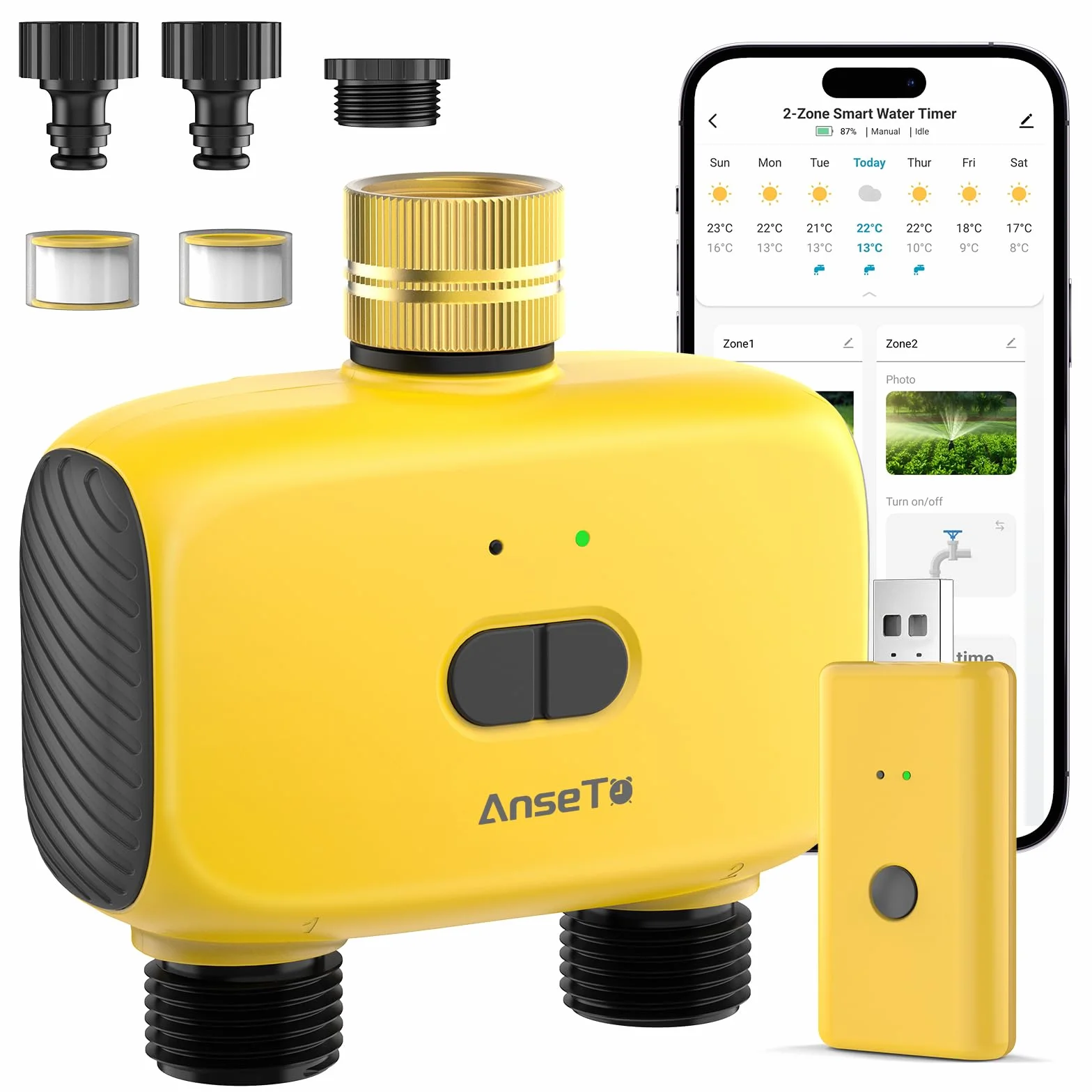 Centralina per Irrigazione WiFi da Rubinetto con 2 Uscite | 2 Uscite con Programmazione Indipendente, WiFi Hub con Controllo Tramite APP, Timer Programmabile e Ritardo Pioggia per Prato