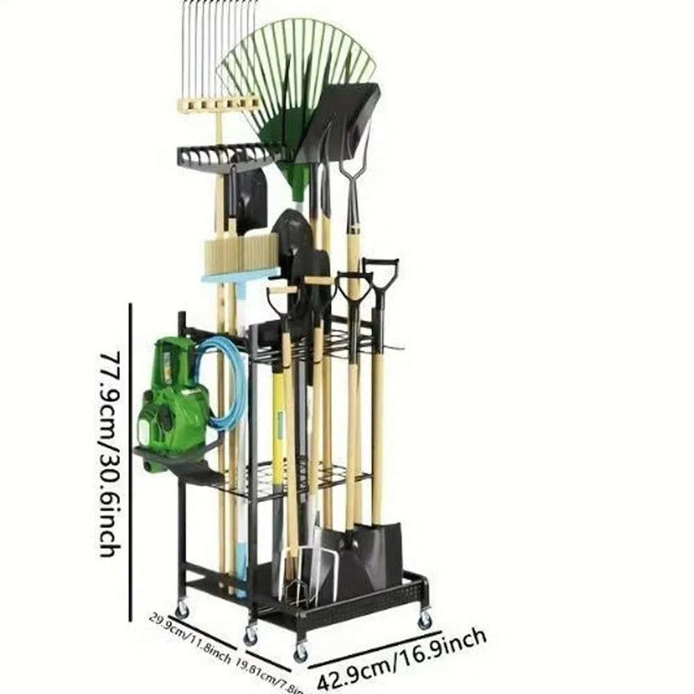 Scaffale per attrezzi resistente, organizer da garage con ruote per attrezzi da giardino, rastrelli, pale e attrezzature con manico lungo