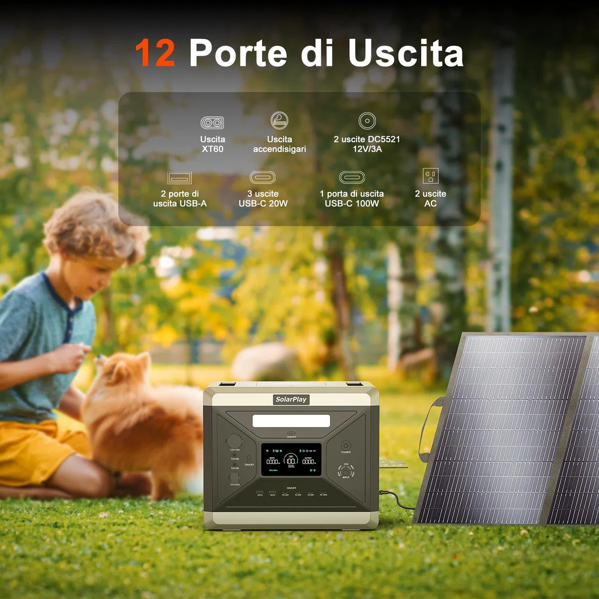 SolarPlay Stazione di Ricarica Portatile 2400w, Centrale Elettrica Portatile 2160wh con 2x200W Moduli Solari, con 14 Connessioni di Uscita, Generatore di Energia per Campeggio