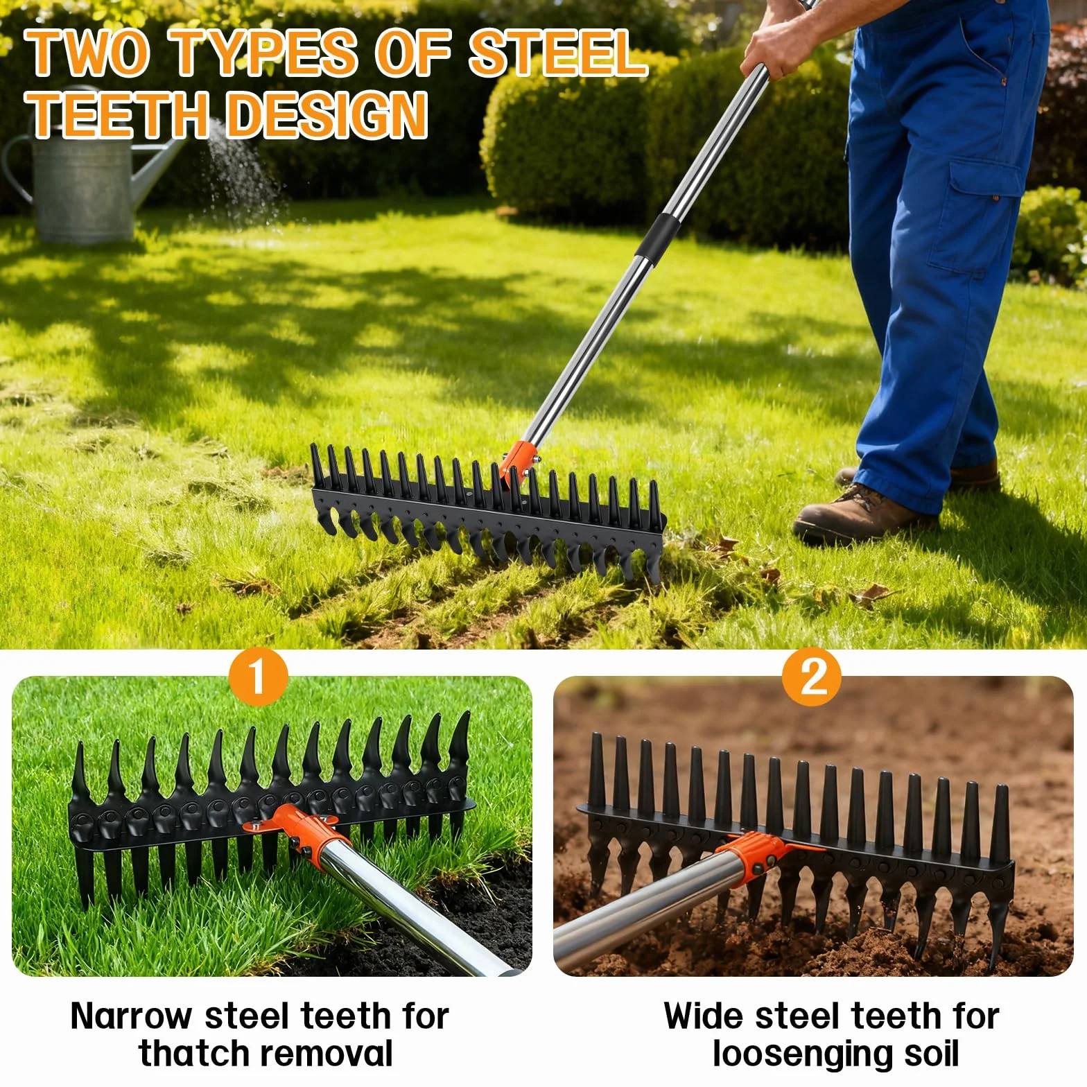 Rastrello Giardino per Erba con Manico Regolabile 75cm/110cm/145cm, Rastrello per Foglie, Rastrellos per Paglia, Estirpatore Erbacce Manuale per Arare e Dissodare il Terreno