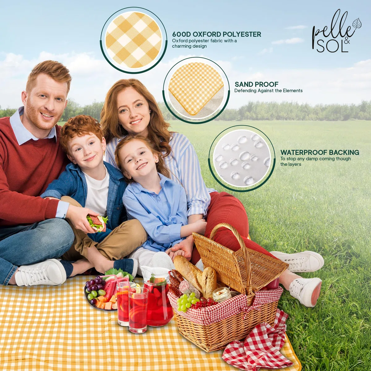 Pelle & Sol, coperta da picnic, pieghevole, impermeabile, a prova di sabbia, lavabile in lavatrice, antiscivolo, con maniglia per il trasporto per famiglia, spiaggia, campeggio, 200 x 140 cm (giallo)