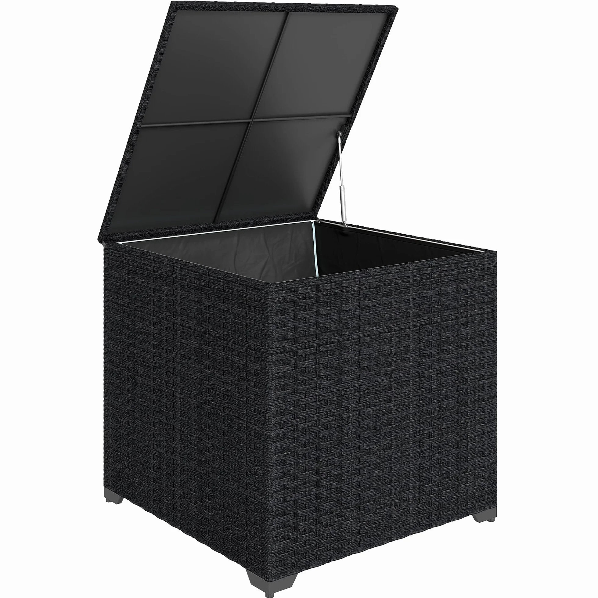 Outsunny Baule portaoggetti esterno in rattan sintetico, 253 l, con asta idraulica, fodera con cerniera e telaio in acciaio, carico 50 kg, per giardino, terrazza, 72 x 72 x 70 cm, nero
