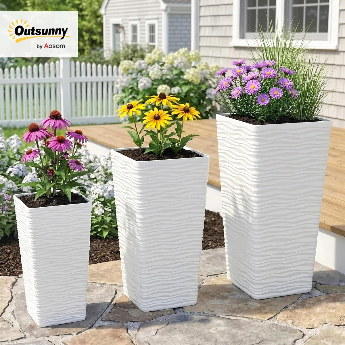 Outsunny Set di 3 Vasi da Esterno Impilabili con Motivo Ondulato, Vasi per Piante da Esterno Quadrati in Plastica per Fiori con Fori di Drenaggio, 42/55/65 cm, Bianco
