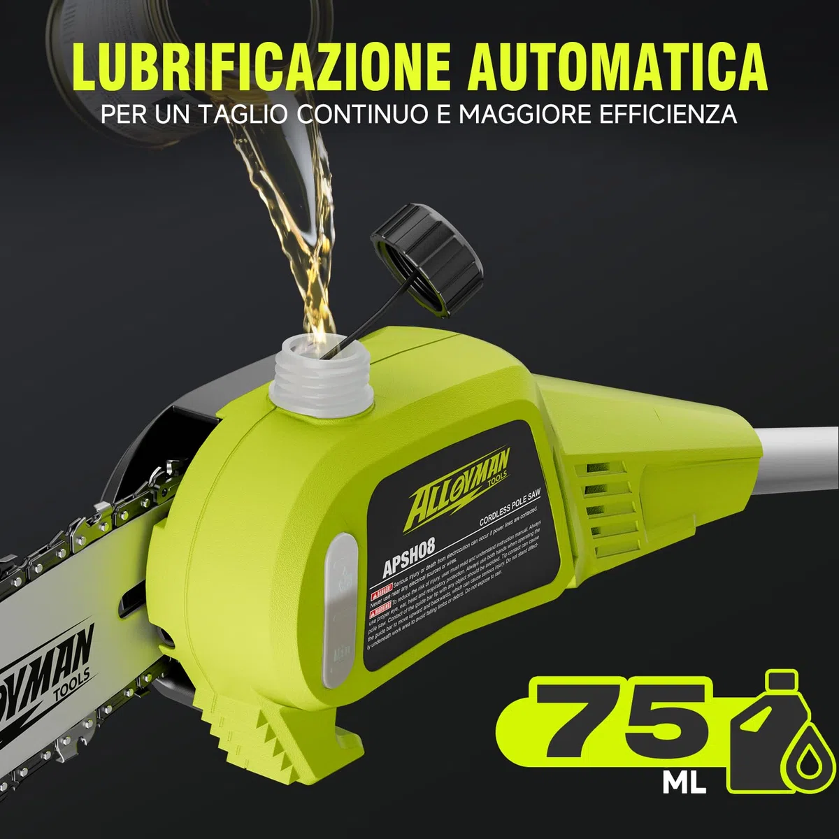 Alloyman Potatore Telescopico a Batteria 20V MAX, sega potatrice elettrica, Sega ad Asta a Batteria, 2 x 4,0 Ah e caricabatterie, Lama da 20 cm, 4KG, Velocità 5,5 m/s, Lubrificazione Automatica