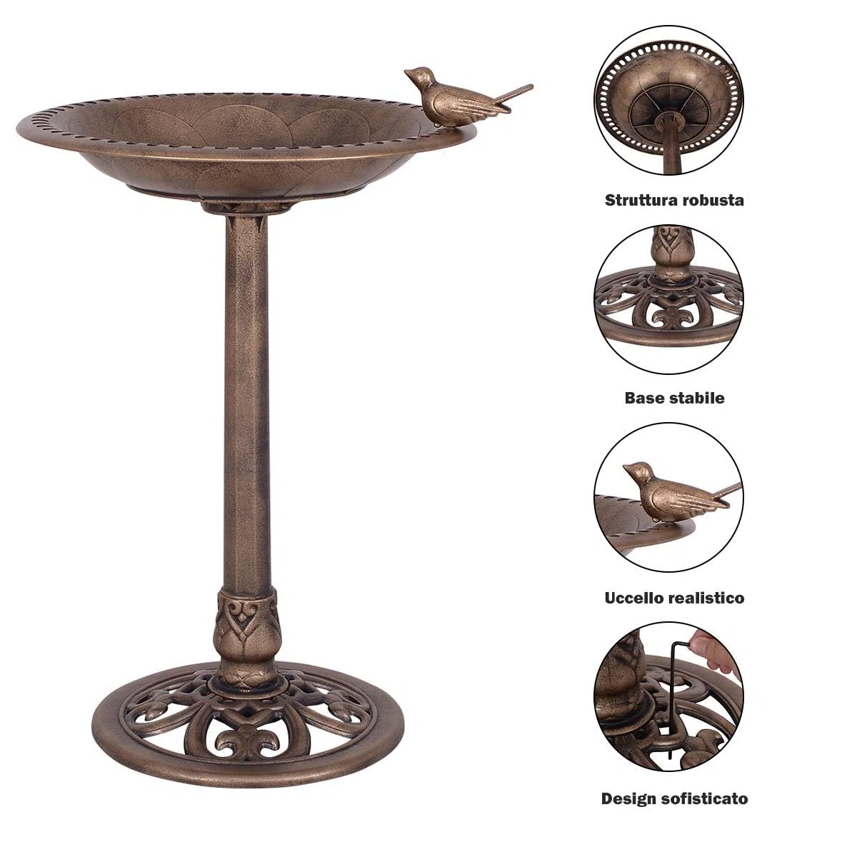 GYMAX Mangiatoia per Uccelli, Abbeveratoio Contenitori per Alimenti e Acqua Uccellini, Decorazioni Retrò per Giardino, Cortile, Patio (Bronzo, Φ51 x 76 cm)