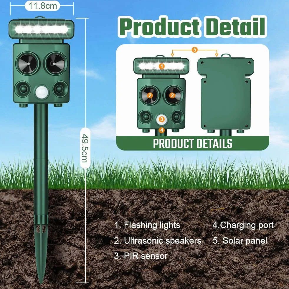 AOOWU Professionale Repellente per Gatti, Ultrasonico Solare Alimentato Animale Deterrente, Repellente per Roditori a Ultrasuoni con Luce Flash a LED, per Cani, Piccioni, Volpi, IP66 Impermeabile