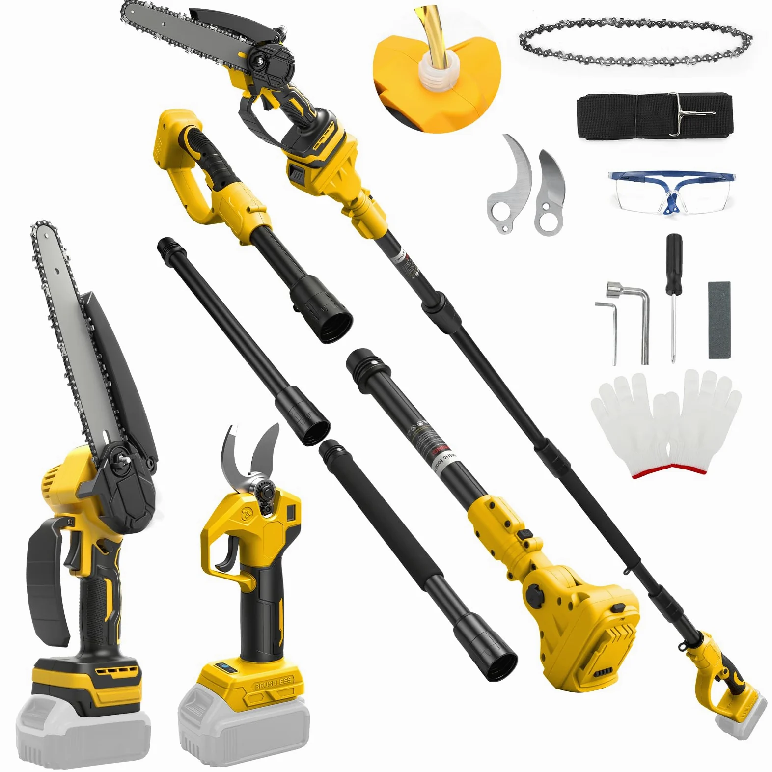 Mini Motosega 8 Pollici con Prolunga + Cesoie Elettriche 30 mm Compatibile con Batteria DeWalt 20V, Set Attrezzi da Giardino 4 in 1 Portata Massima 4,57 m per Potatura Alberi (Senza Batteria)