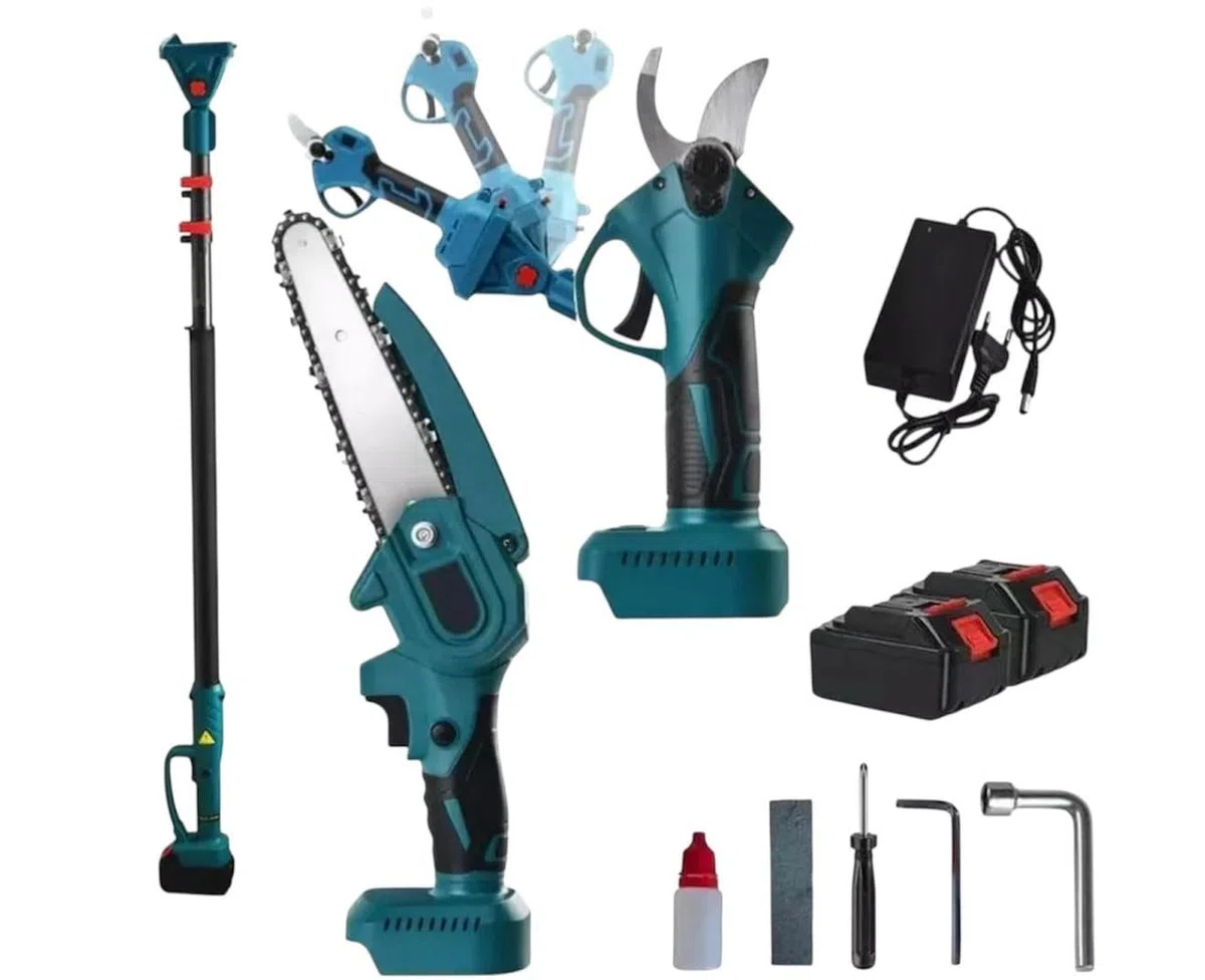 Kit Forbice da Potatura a Batteria 3 in 1, Motosega a Batteria 6 Pollici, Cesoie Elettriche con Asta Telescopica 128-248cm, 2 Batterie Incluse – Taglio Rami Alberi Giardino Arbusti Vigneto