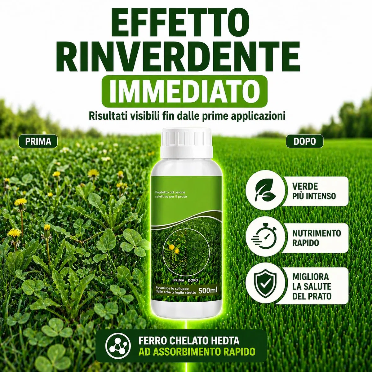 Diserbante Naturale Selettivo e Rinverdente Prato 500ml - Erbicida Foglia Larga per Tappeto Erboso - Ferro Chelato HEDTA Azione Rapida - Concime Liquido contro Infestanti e Muschio