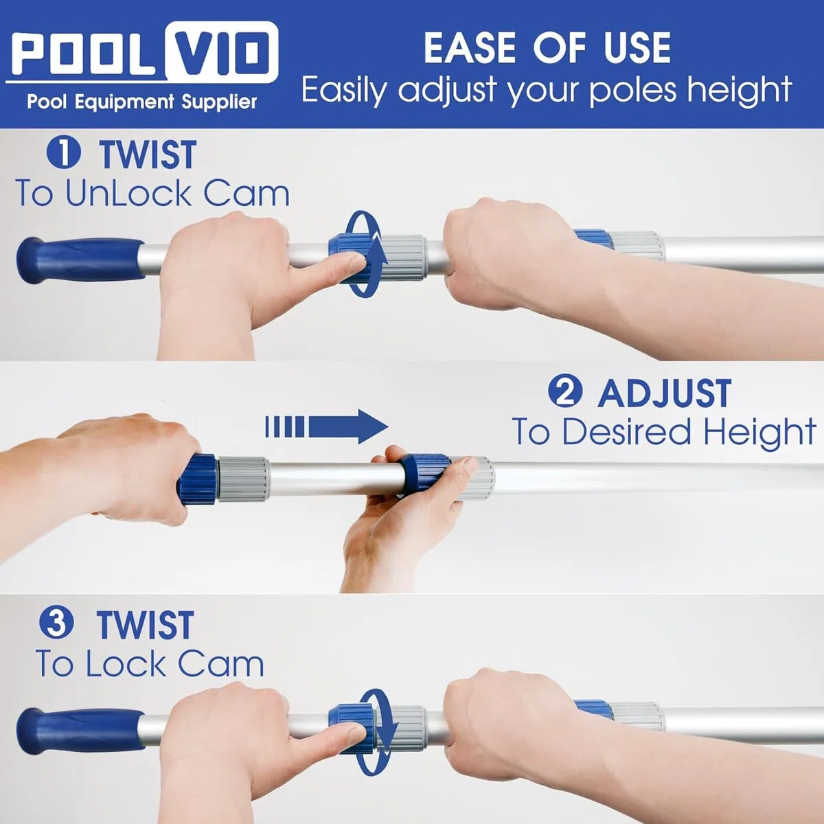 Poolvio Palo telescopico per piscina da 4,5 m, regolabile, in alluminio, 3 pezzi, per la pulizia della piscina, retini, testine e spazzole, presa forte e blocco