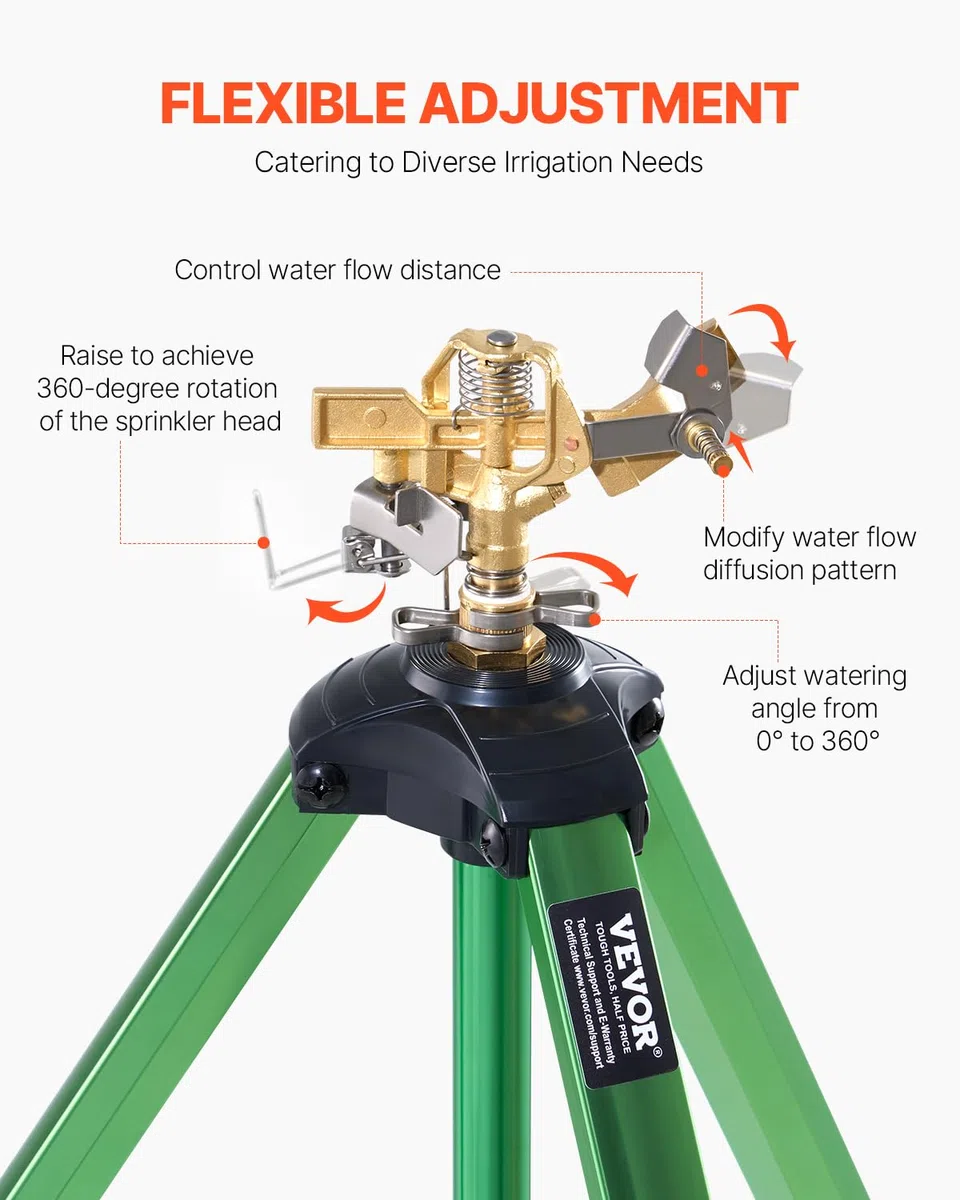 VEVOR Irrigatore a Impatto Base a Treppiede 2 Pezzi Irrigatori a Treppiede Testa in Ottone Connettore G3/4" Irrigazione Area Ampia 360 gradi, Altezza Regolabile per Cortile Giardino Prato Giardinaggio