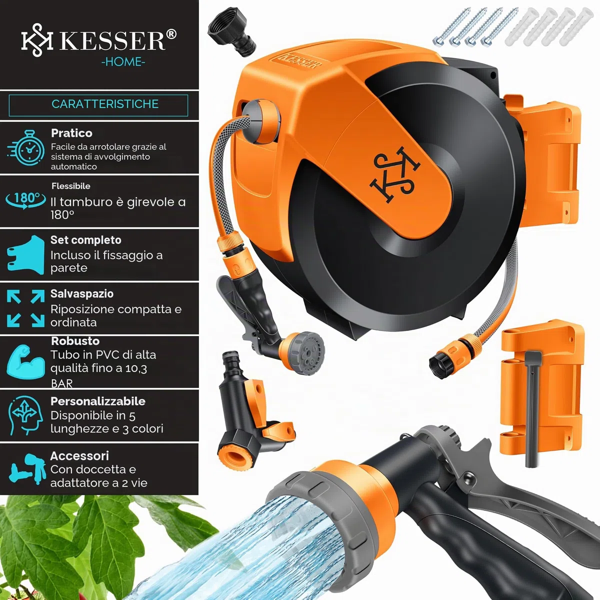 KESSER® Avvolgitubo con Tubo da Giardino 15 m, a Parete, Avvolgitubo girevole a 180° e a rientro automatico, Portagomma a Parete con Doccia a mano a 7 funzioni, Nero/Arancione
