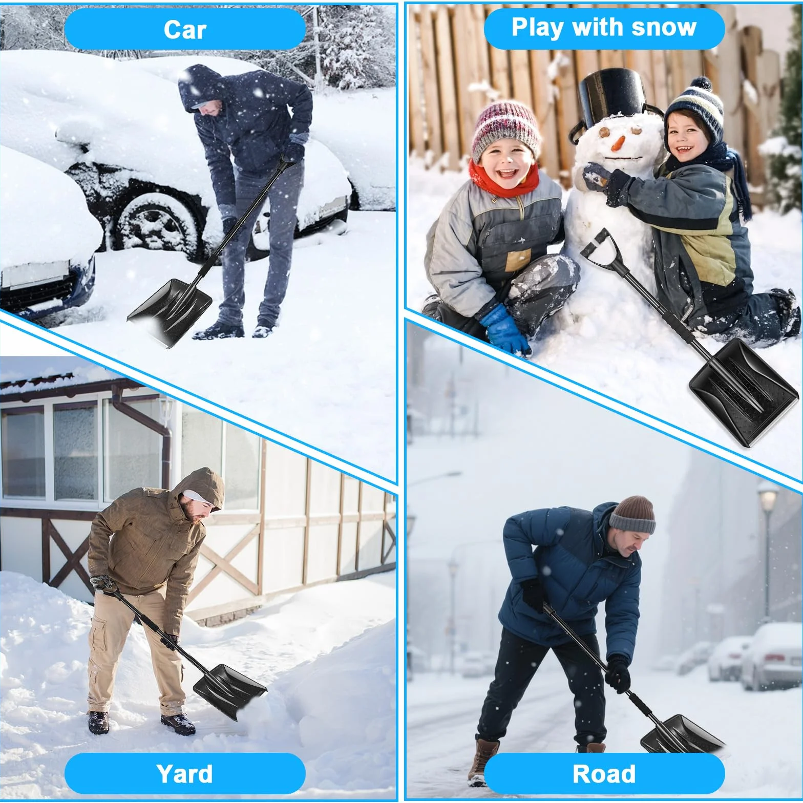 Pala Neve con Asta Smontabile & Regolabile, Pala da Neve Robusta e Durevole con Manico Antiscivolo Ergonomico, Attrezzo Multifunzionale Portatile per Giardinaggio, Accumulo Neve, Campeggio e Maltempo