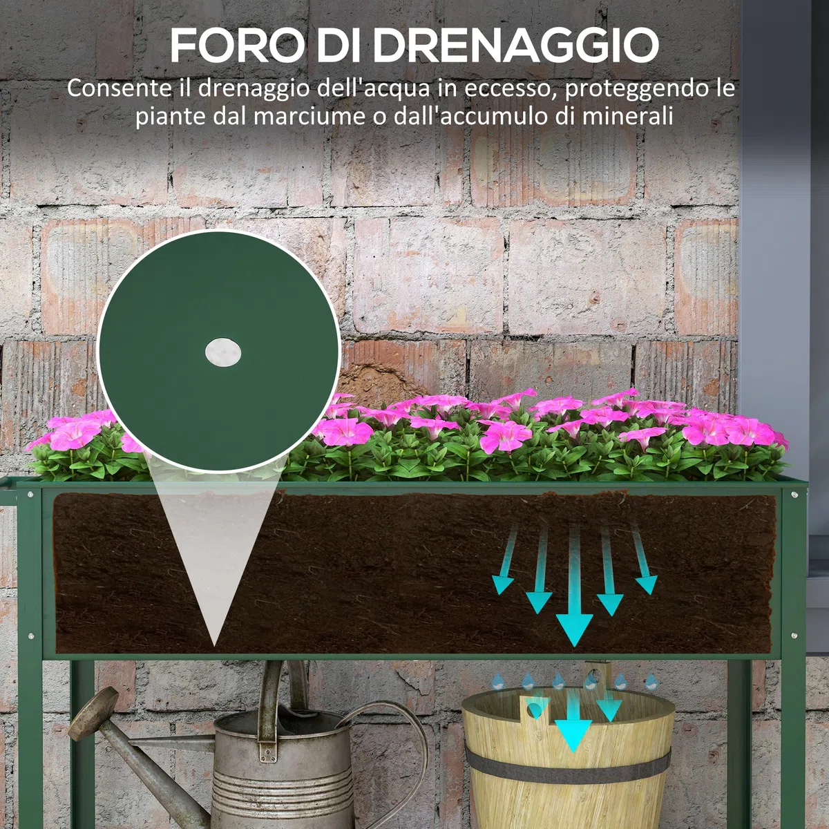 Outsunny Fioriera da Esterno con Mensola Inferiore Portautensili, Letto Rialzato da Giardino in Metallo con 2 Ruote e Maniglia, Letto per Orto, 104x39x80 cm, Verde