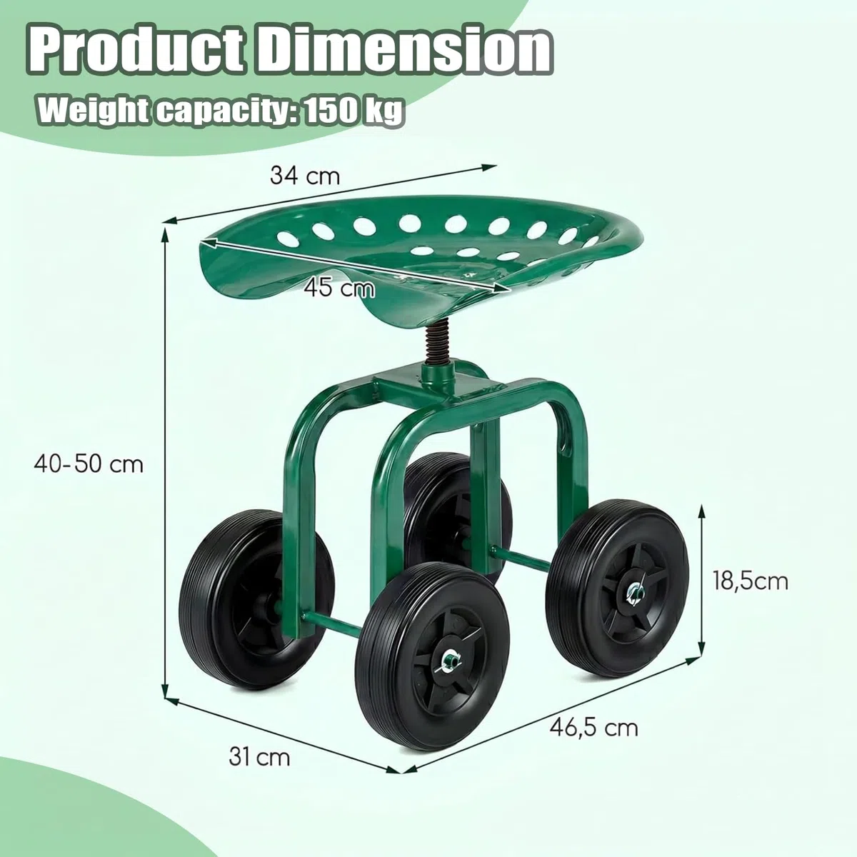 SOARS Sgabello con Ruote da Giardino, Sgabello per Giardinaggio con Sedile Girevole a 360° e Regolabile in Altezza, per Giardino, Prato e Cortile 465 x 310 x 400-500 mm, Portata 150 kg (Verde)