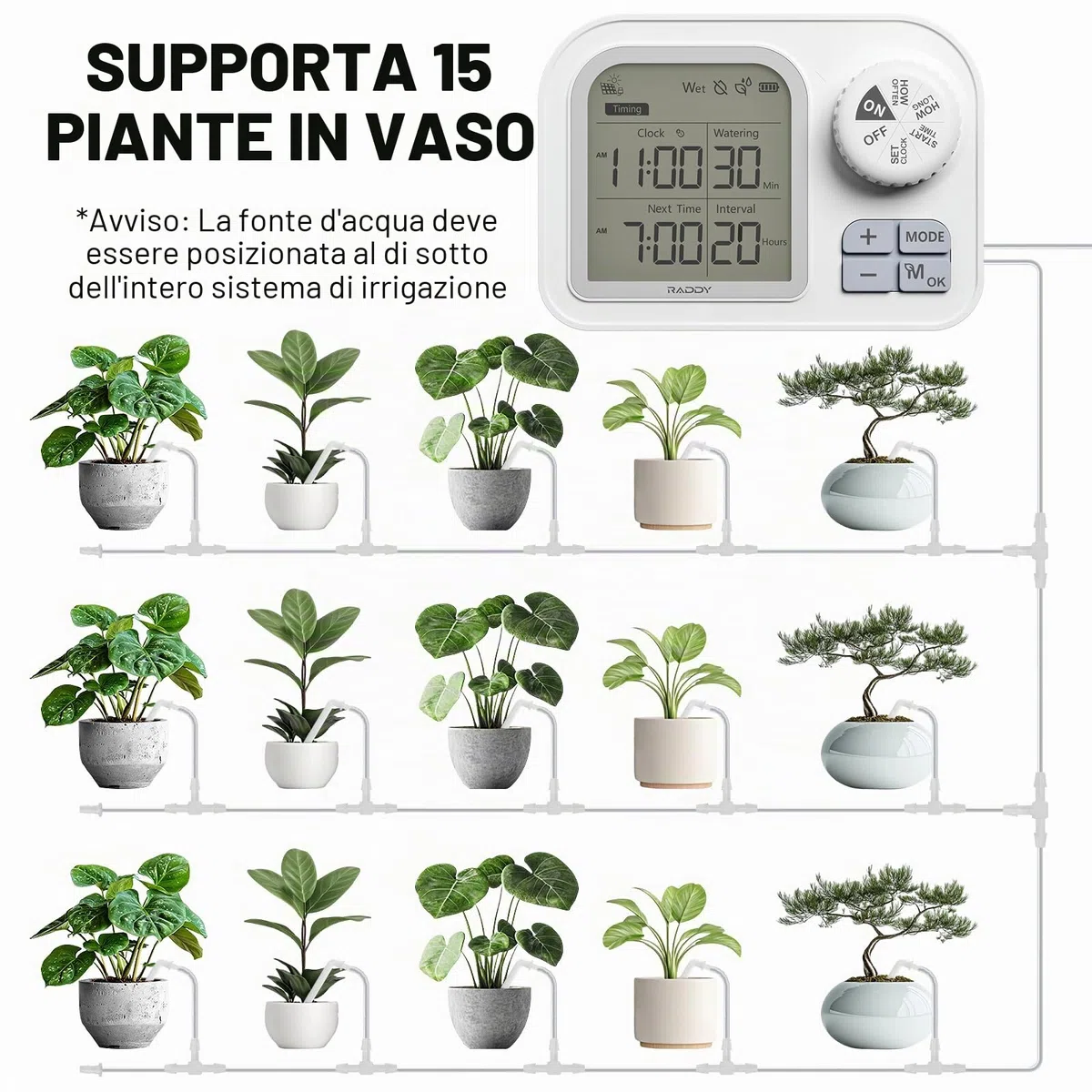 Raddy Sistema di irrigazione solare WS-74 con controllo Smart App, IPX7, impermeabile, sensore di umidità del suolo regolabile, batteria da 2600 mAh, set di irrigazione a goccia automatico per 15