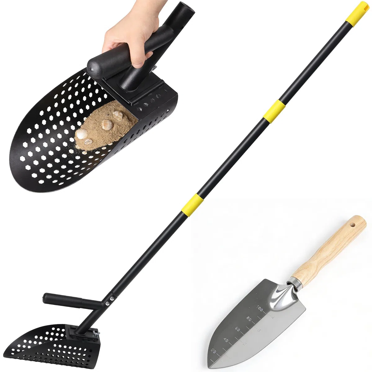 Paletta per la sabbia per il rilevamento di metalli da 162 cm, pala regolabile per metal detector, in acciaio inox, con manico lungo in acciaio, setaccio per sabbia, pala per la spiaggia, nero