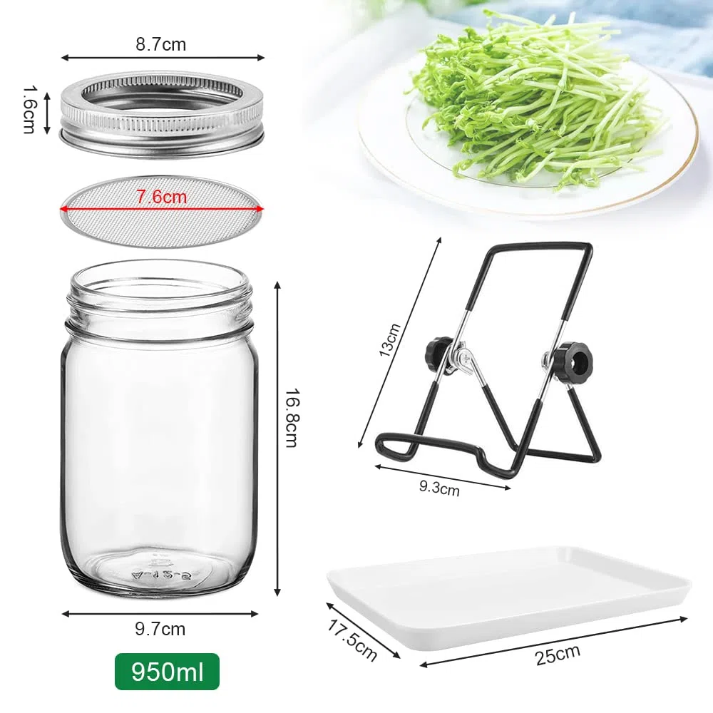 REFORUNG 2 Pz Germogliatore Barattolo Vetro Vasetti di Germogli Barattolo da 950ml Coltivare Germogli in Barattolo con 1 Ciotola 2 Coperchio e 2 Supporti per Germinazione di Semi in Ambienti Interni