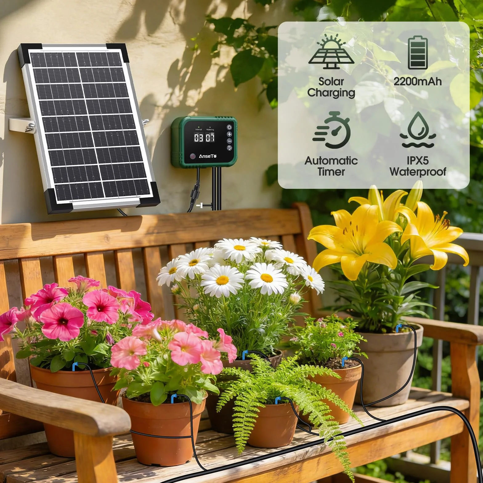 Kit per Sistema di Irrigazione Solare 8W per Giardino/Balcone/Serra | Controller Intelligente Regolabile con 30 Gocciolatori per Irrigazione Automatica di Orti, Serre, Aiuole e Piante in Vaso