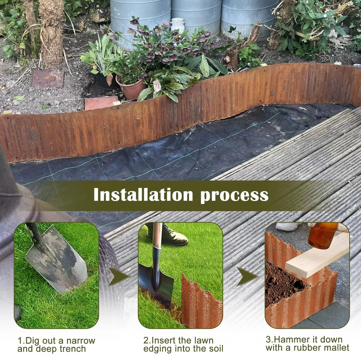 Bordo per prato in metallo, 6 m, bordo flessibile per aiuole, 15 cm, per giardino e aiuole, facile da pulire, 1 paio di guanti da montaggio inclusi (6 m x 30 cm)