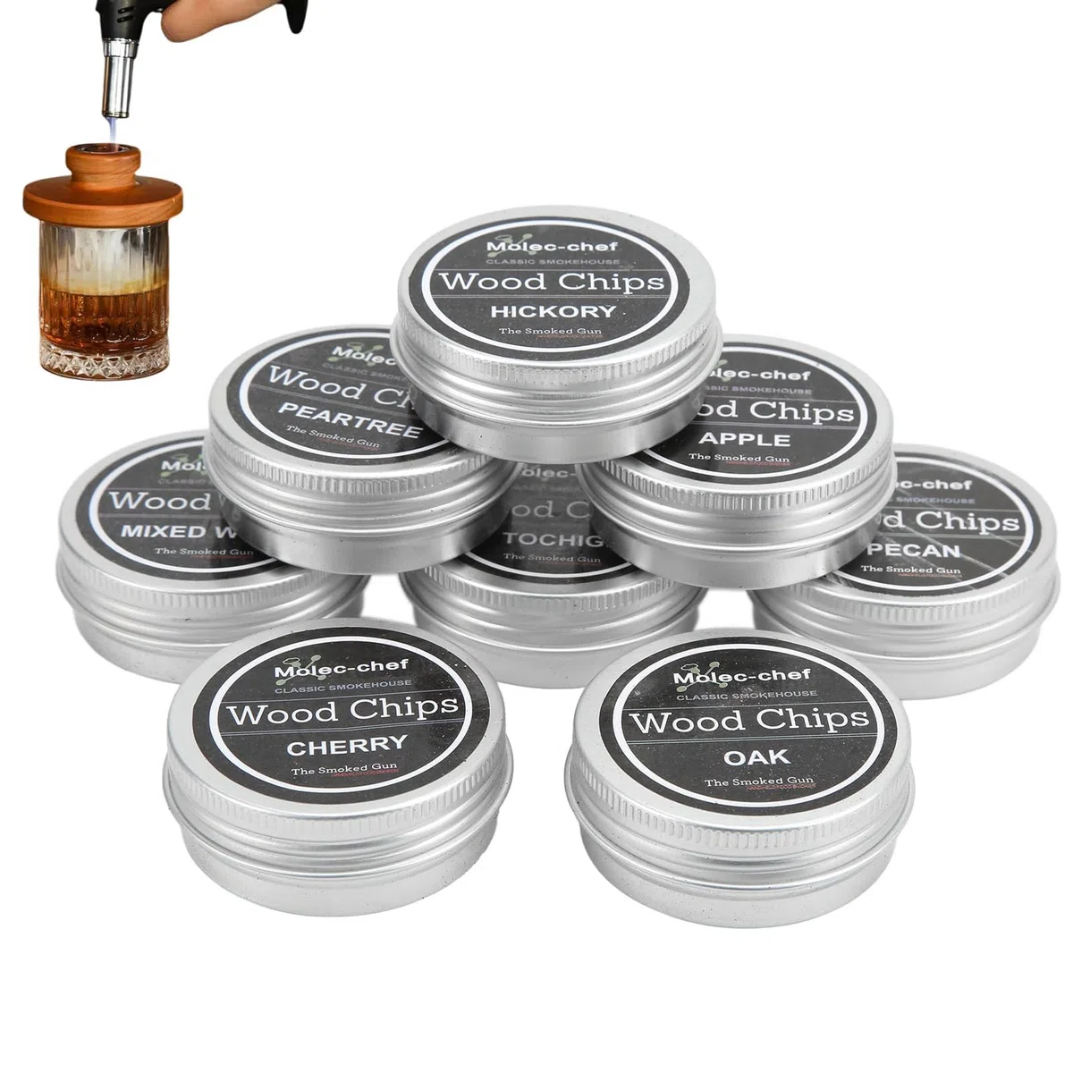 Trucioli per affumicatura in Legno di Whisky, Kit per affumicatore da Cocktail da 8 Pezzi Che Include Legno di melo Noci Pecan Quercia Ciliegia Pesca Pera Noci Pecan e