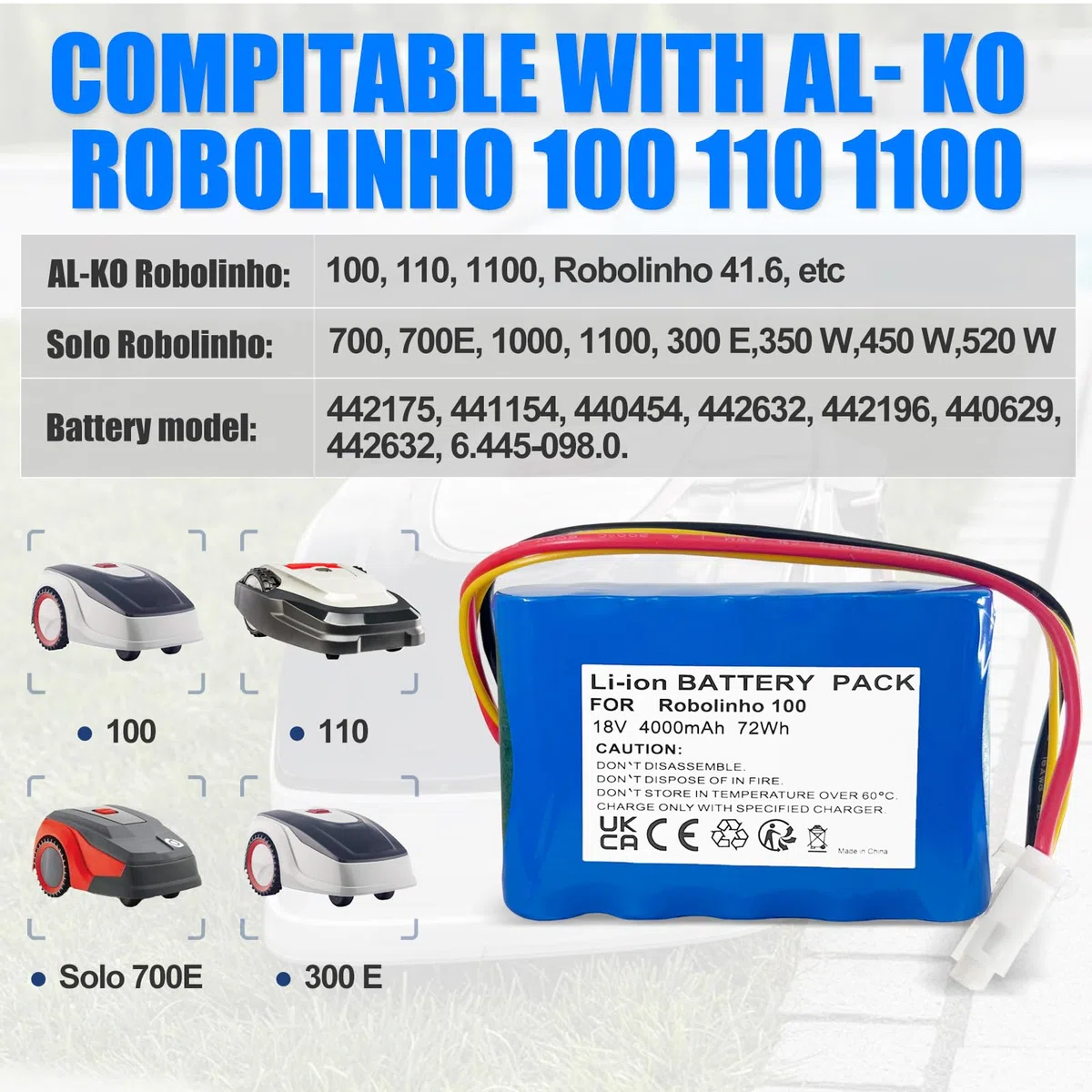 Batteria per robot tagliaerba AL-KO Robolinho 100 110 1100 41.6,300 E,350 W,450 W,520 W, Solo 700 700E 1000 1100, Efco 700, Kärcher RLM4, ecc. Batteria per AL-KO 440454, Kärcher 6.445-098.0, ecc.