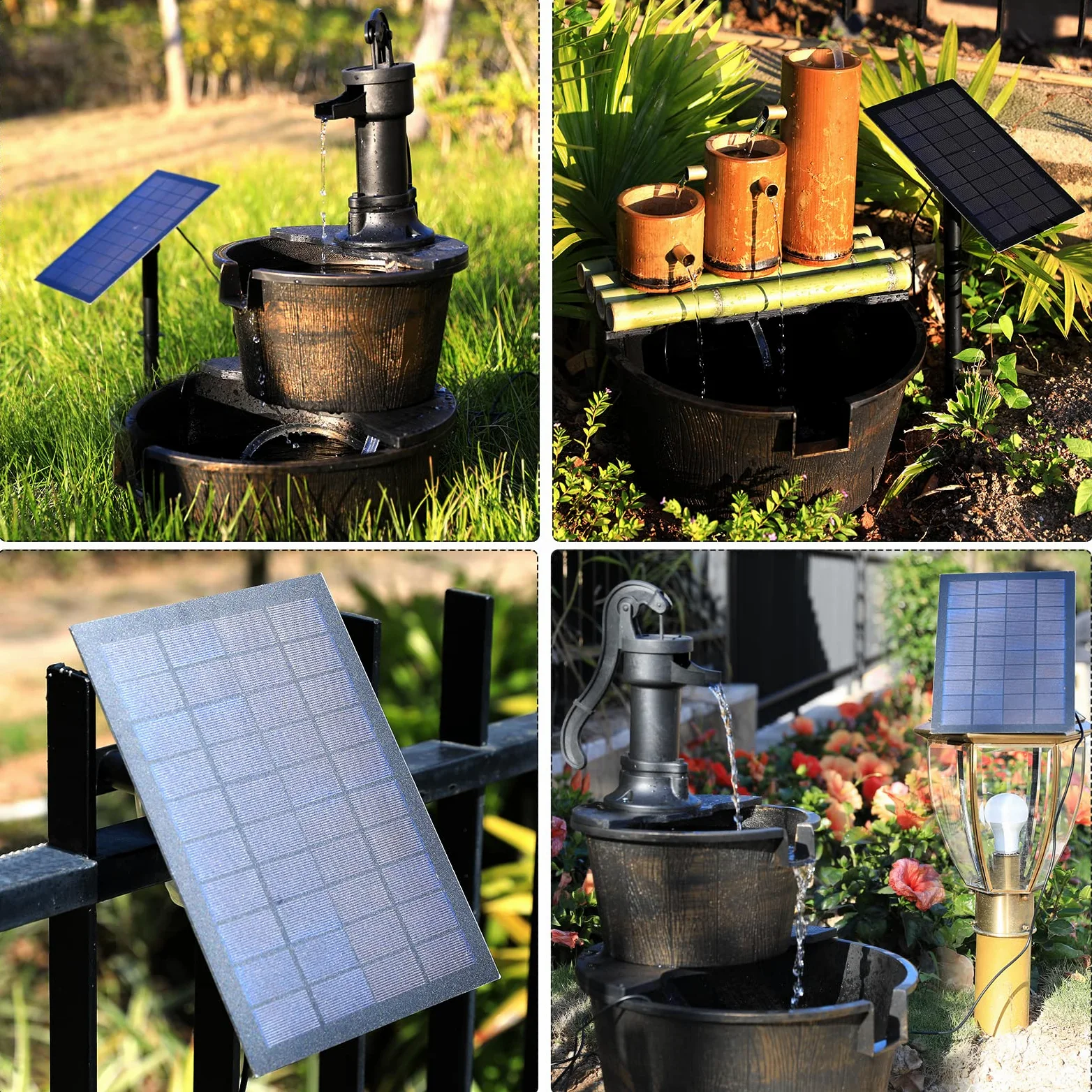 AMZtime 7W Pompa Fontana Solare, Fai Da Te Bagno per Uccelli Fontana Solare, con Ugelli Rotanti, Pali di Terra e 1.5M Tubo, 15 Effetti di Spruzzo D'acqua, Adatto per Giardino, Stagno, Piscina