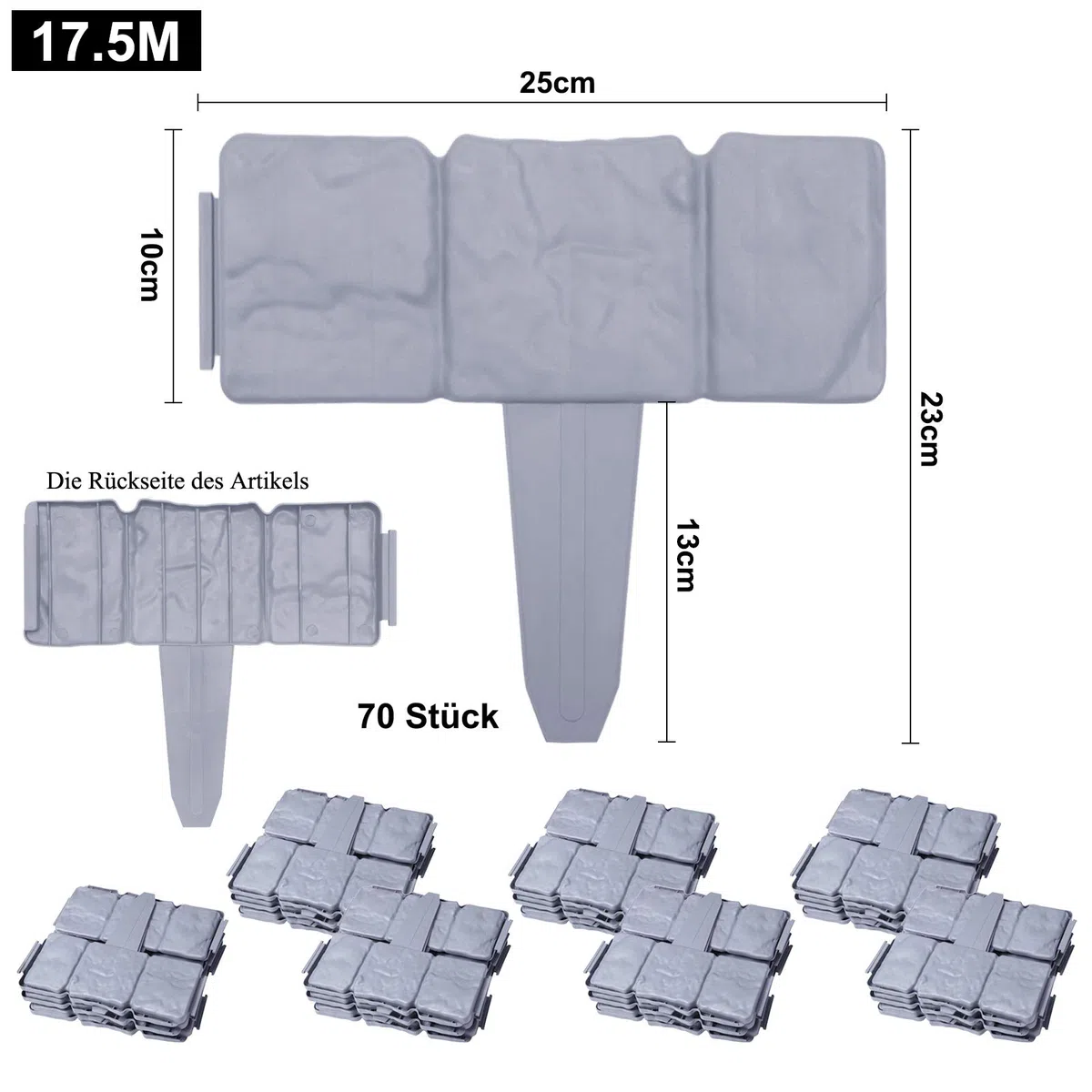 HENGMEI Bordo in Plastica Flessibile per Giardino Bordi per giardini effetto pietra 17,5m-70 Pezzi, 1 elemento (lunghezza x altezza): 25 cm x 23 cm, Grigio