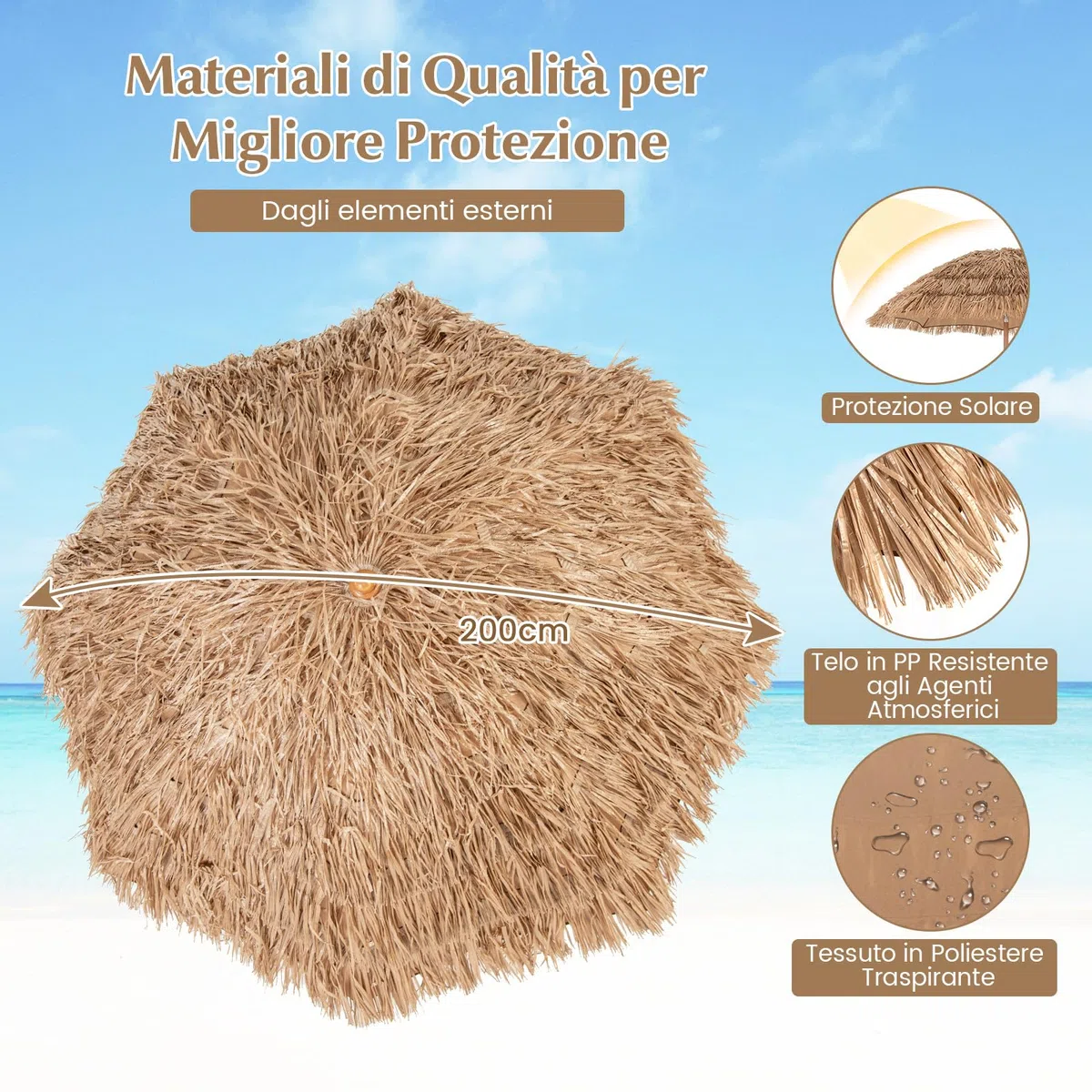 COSTWAY Ombrellone in Paglia PP da 200 cm, Ombrellone da Spiaggia Hawaiano con Inclinazione Regolabile, con Base Pieghevole, Borsa per il Trasporto, per Giardino Piscina