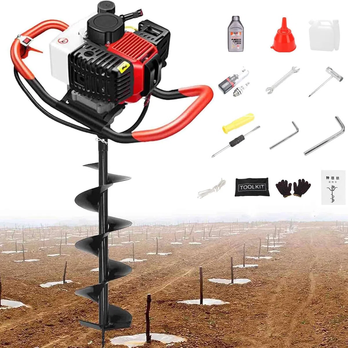 Trivella Terreno,Cippatore Scoppio,158cc Motore a 4 Tempi,8.5 CV, Punte Ø 200mm,Struttura Resistente,per Giardini,Orti,Aree Agricole e Lavori di Costruzione 25cm