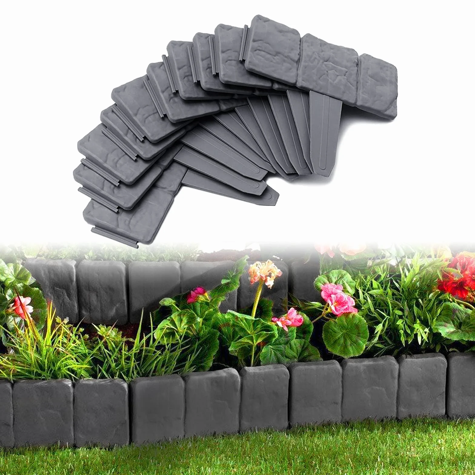 UISEBRT 20 Pezzi Bordo per Giardini Grigio 5m, Bordo per Prato in plastica, Effetto Pietra, Palizzata per Giardino Bordo Aiuole, Antracite