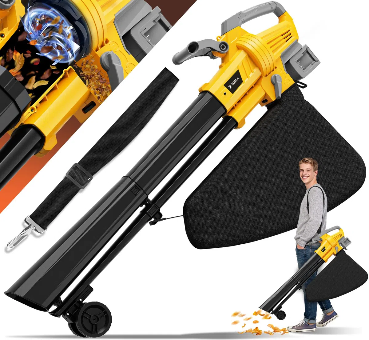 3 in 1 soffiatore sottovuoto per foglie compatibile con batteria Dewalt 20 V | Aspiratore elettrico senza fili, senza fili, con borsa da 40 l, modalità turbo per una rapida pulizia del patio e vialetto