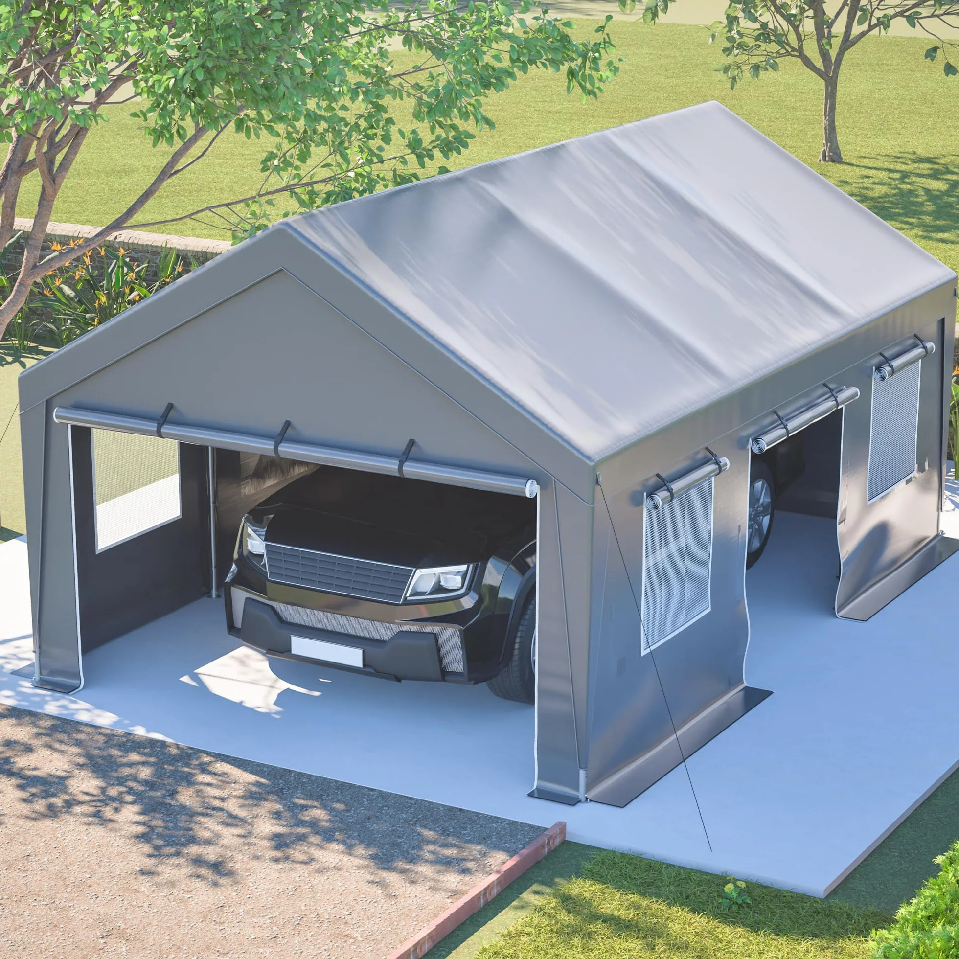 Carport Garage - Tenda da garage, 4 x 6 m, impermeabile, con finestra arrotolabile, tenda di stoccaggio, capannone per stalla, tenda di protezione da esterno per auto, barca