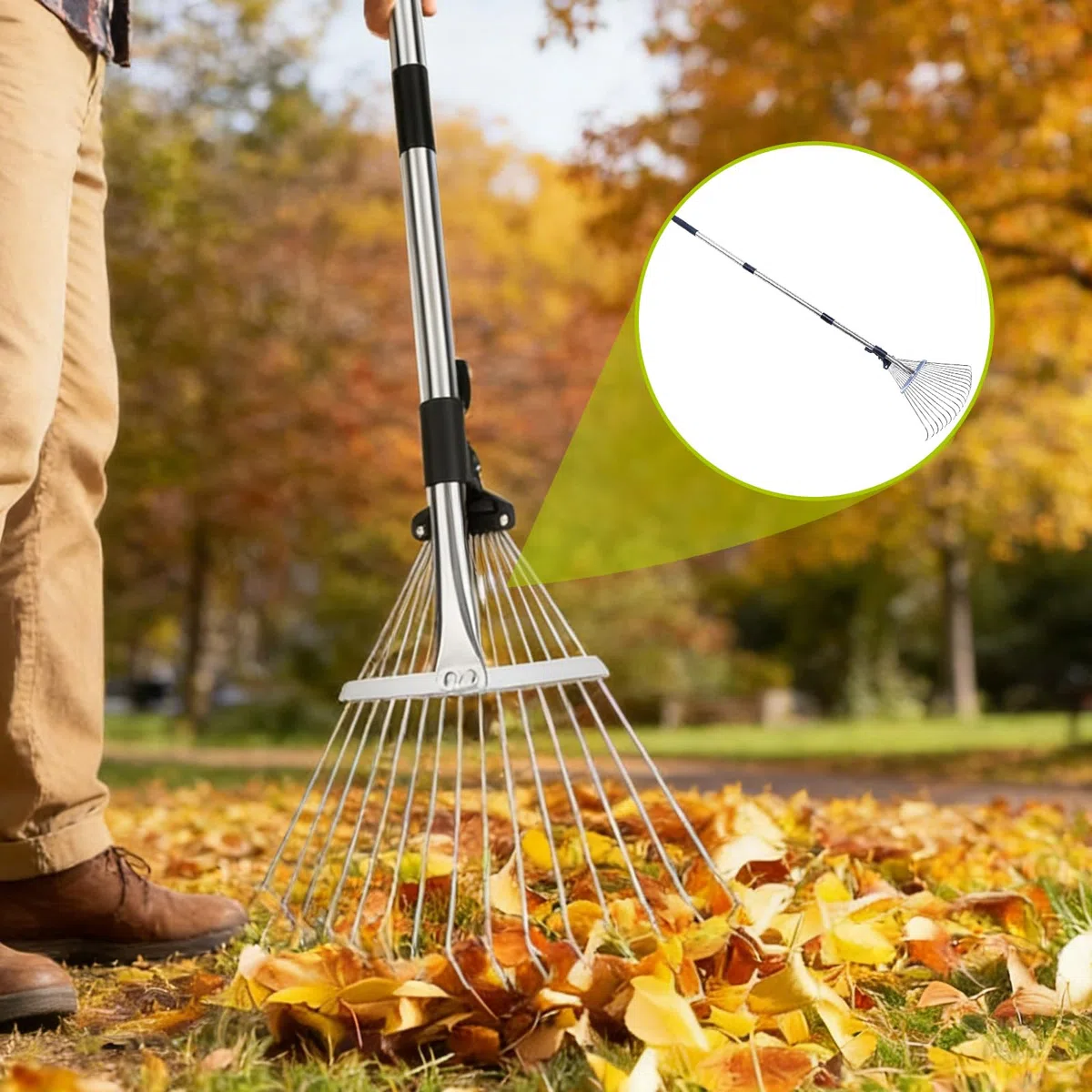 Frusta per fogliame, con asta in metallo regolabile da 207 cm, rinforzata, 18 denti e guanti, rastrello da giardino, rastrello per foglie, rotture in metallo, per la pulizia di piante, prati e cortili